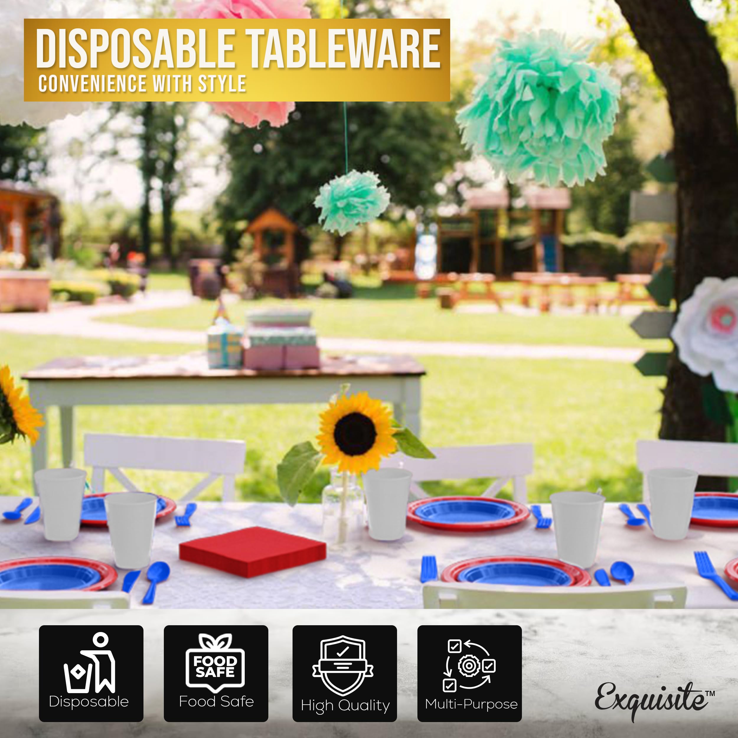 4th of July Party Supplies Set - 350 Pcs Red White & Blue Patriotic Dinnerware Kit with 9