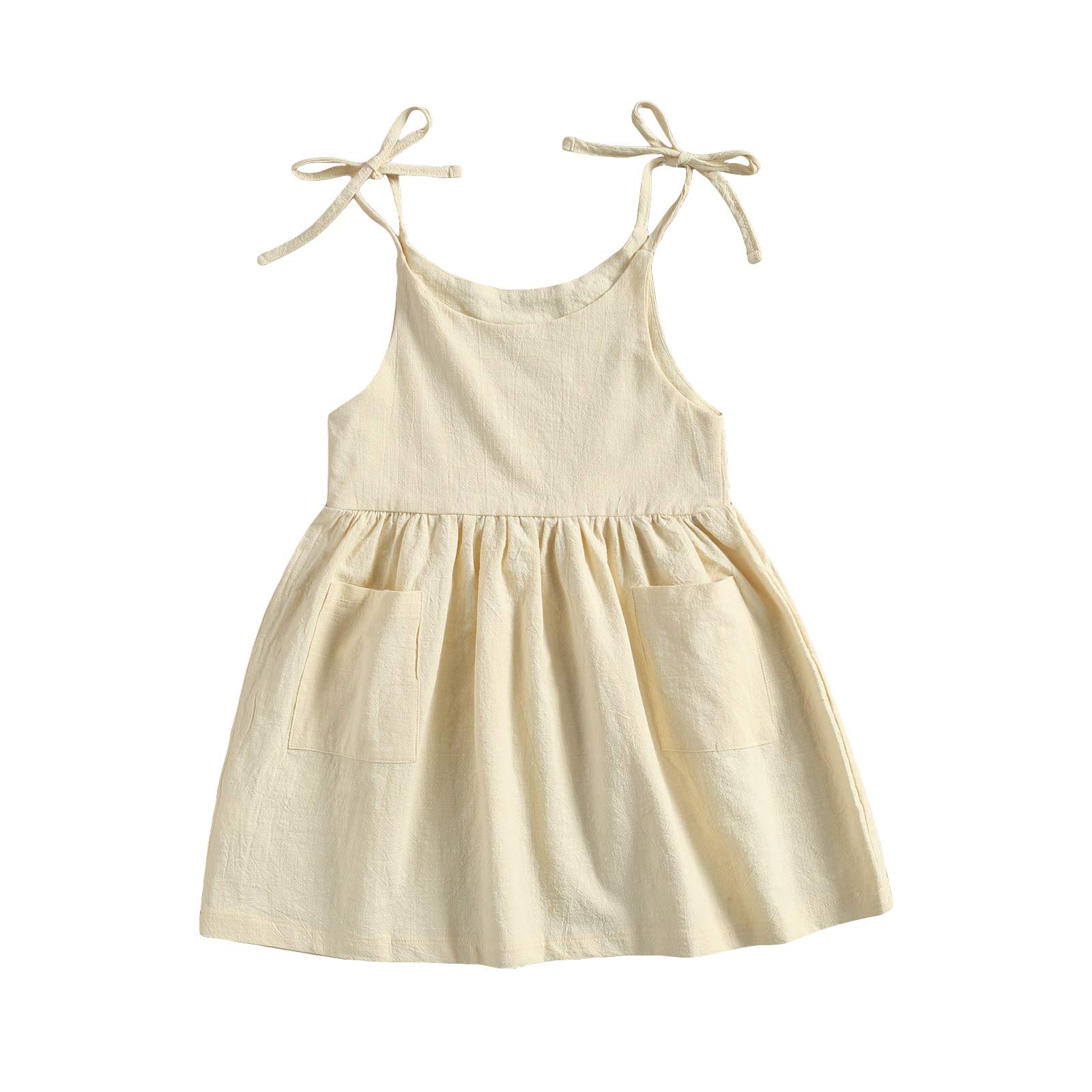 **Toddler Baby Girls Cotton Linen Strappy Tunic Dress with Pocket - Casual Swing Sundress for Summer, Beach, Party & Princess Play**    **使用场景:** Perfect for summer outings, beach vacations, birthday parties, princess-themed events, and everyday casual wear.
