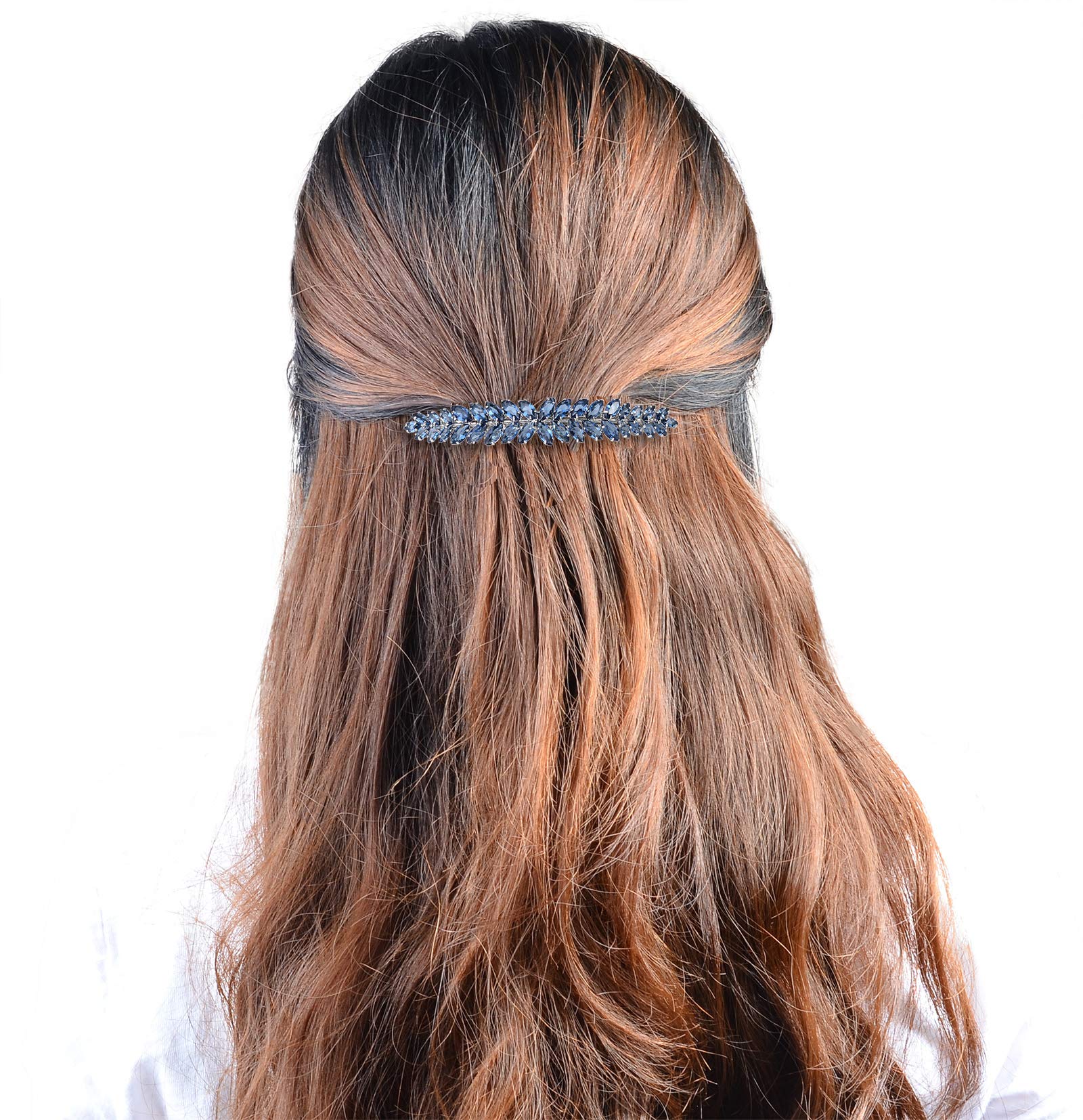 Sparkly Crystal Flower Leaf Hair Barrette Clips for Women - Elegant Bridal Wedding Prom Party Hair Accessories (Navy Blue) | Perfect for Special Occasions, Date Nights & Formal Events