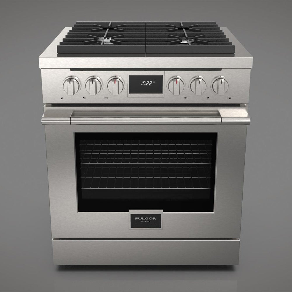 Fulgor Milano 30-inch 400 Series Accento Dual Fuel Range - Stainless Steel (F4PDF304S1) | Professional Gas & Electric Stove for Modern Kitchens