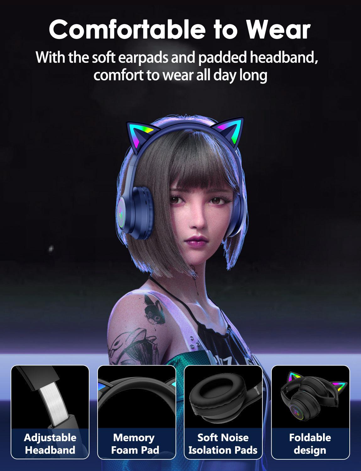 Onikuma B90 RGB Cat Ear Bluetooth 5.0 Wireless Gaming Headset with Microphone - Lightweight Over-Ear Headphones for PC, PS4, Xbox, Mobile Gaming - Perfect for Streaming, Esports & Late-Night Gaming Sessions
