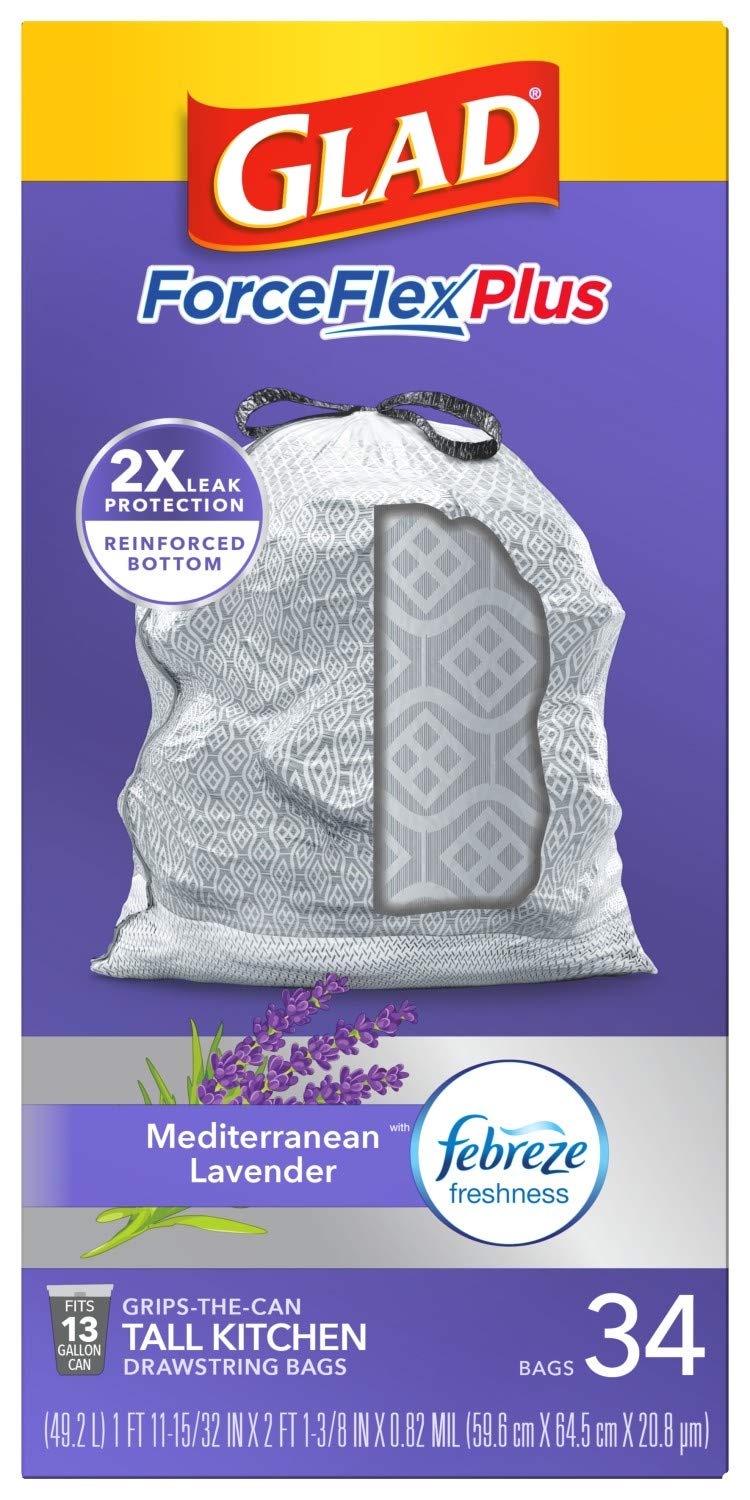 Glad ForceFlexPlus Tall 13 Gallon Drawstring Trash Bags with Febreze Freshness - Lavender Scented Heavy Duty Garbage Bags (34 Count) for Kitchen, Bathroom & Office Waste Disposal