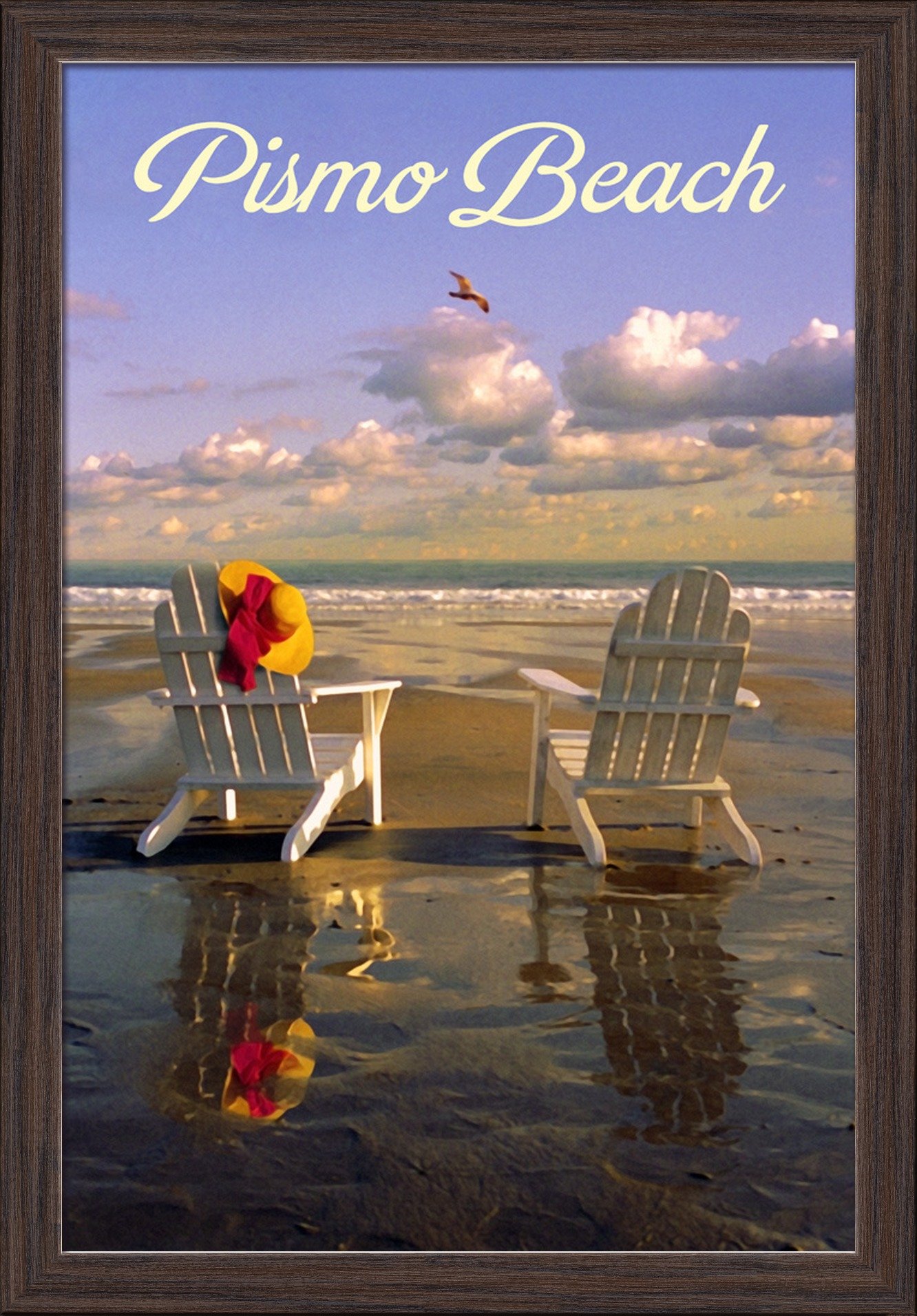 Pismo Beach California Adirondack Chairs - 16x24 Giclee Fine Art Print with Recycled Wood Frame in Espresso Brown - Perfect for Coastal Home Decor & Beach House Wall Art