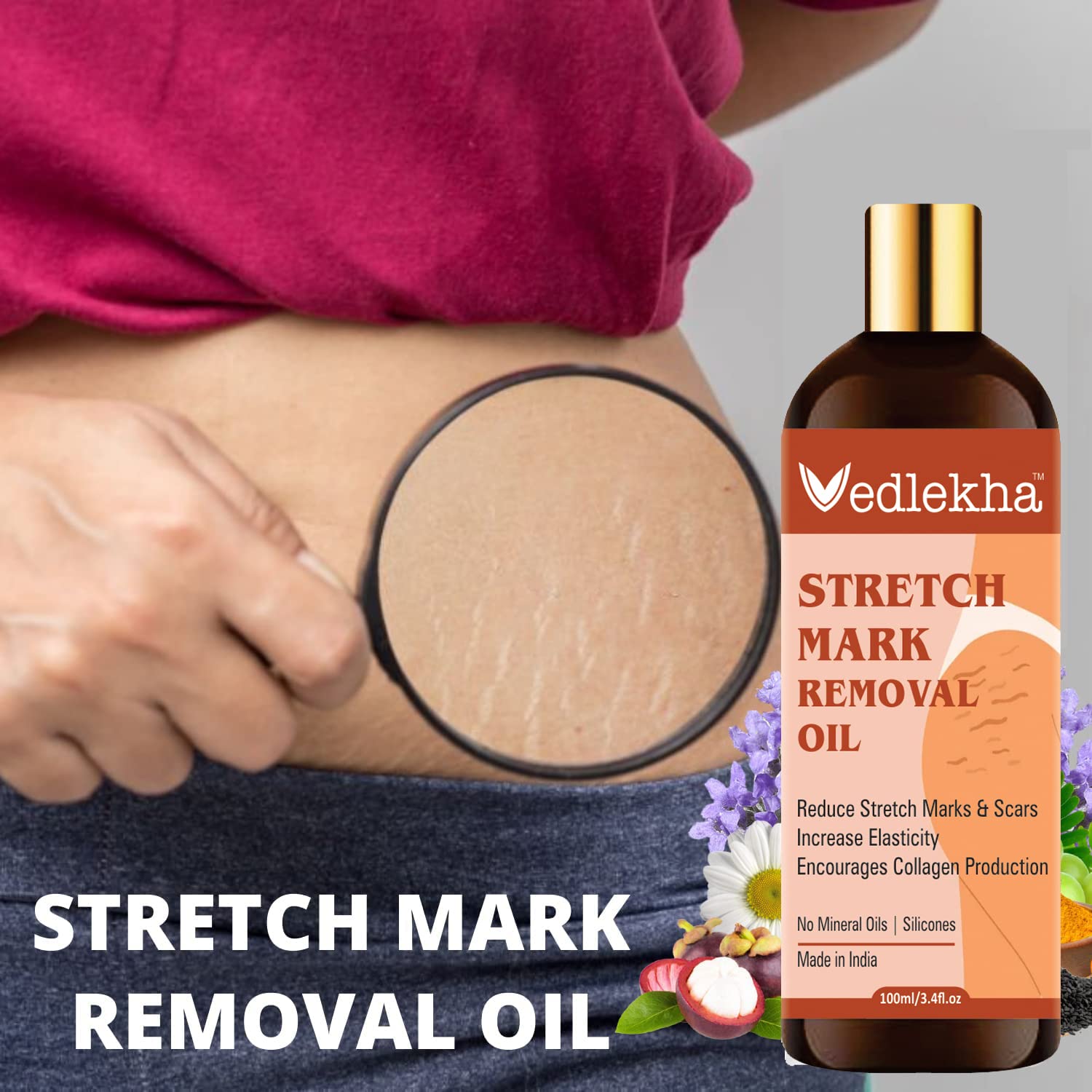 Vedlekha Pregnancy Stretch Mark Oil - 7-in-1 Natural Bio Oil for Belly & Skin Elasticity | Clinically Proven, Toxin-Free, Mineral Oil Free (100ml) | Perfect for Prenatal Care & Postpartum Skin Recovery