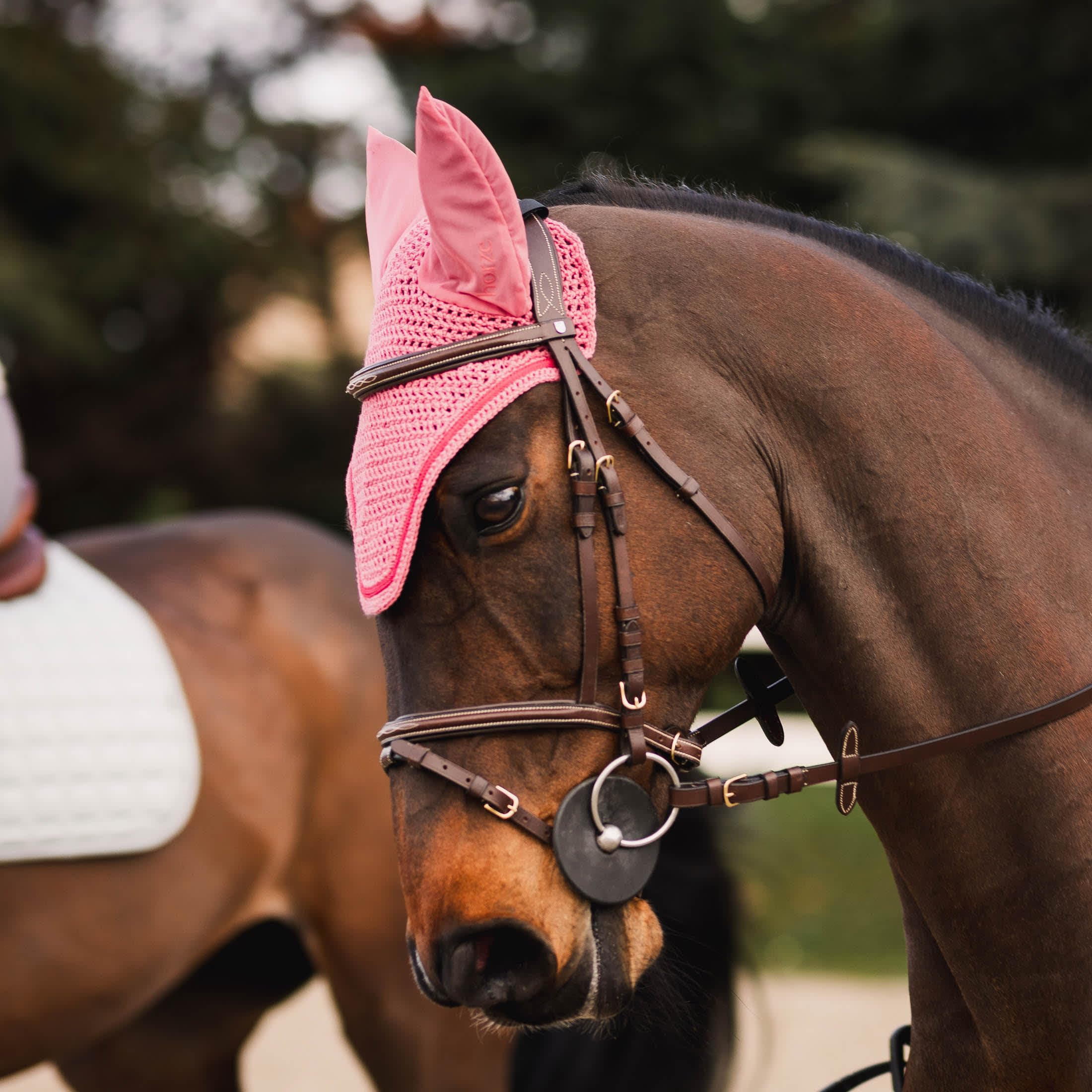 HORZE Rose Tonique Ear Net for Horses - Breathable Fly Protection in Fruit Dove Color - Ideal for Riding, Training, and Stable Use