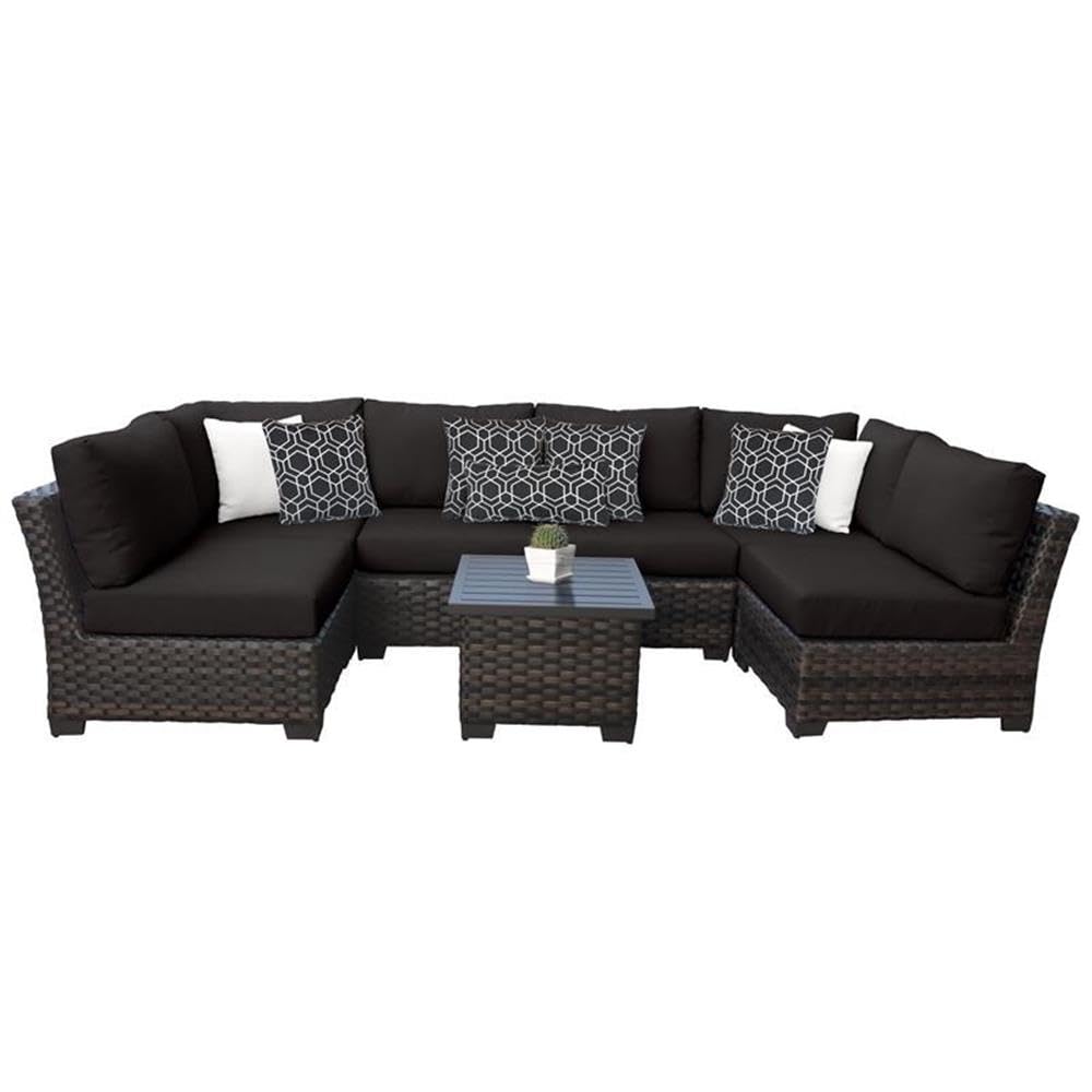 TK Classics Kathy Ireland River Brook 7-Piece Black Wicker Patio Furniture Set - Outdoor Dining & Lounge Set for Garden, Poolside, and Backyard Relaxation
