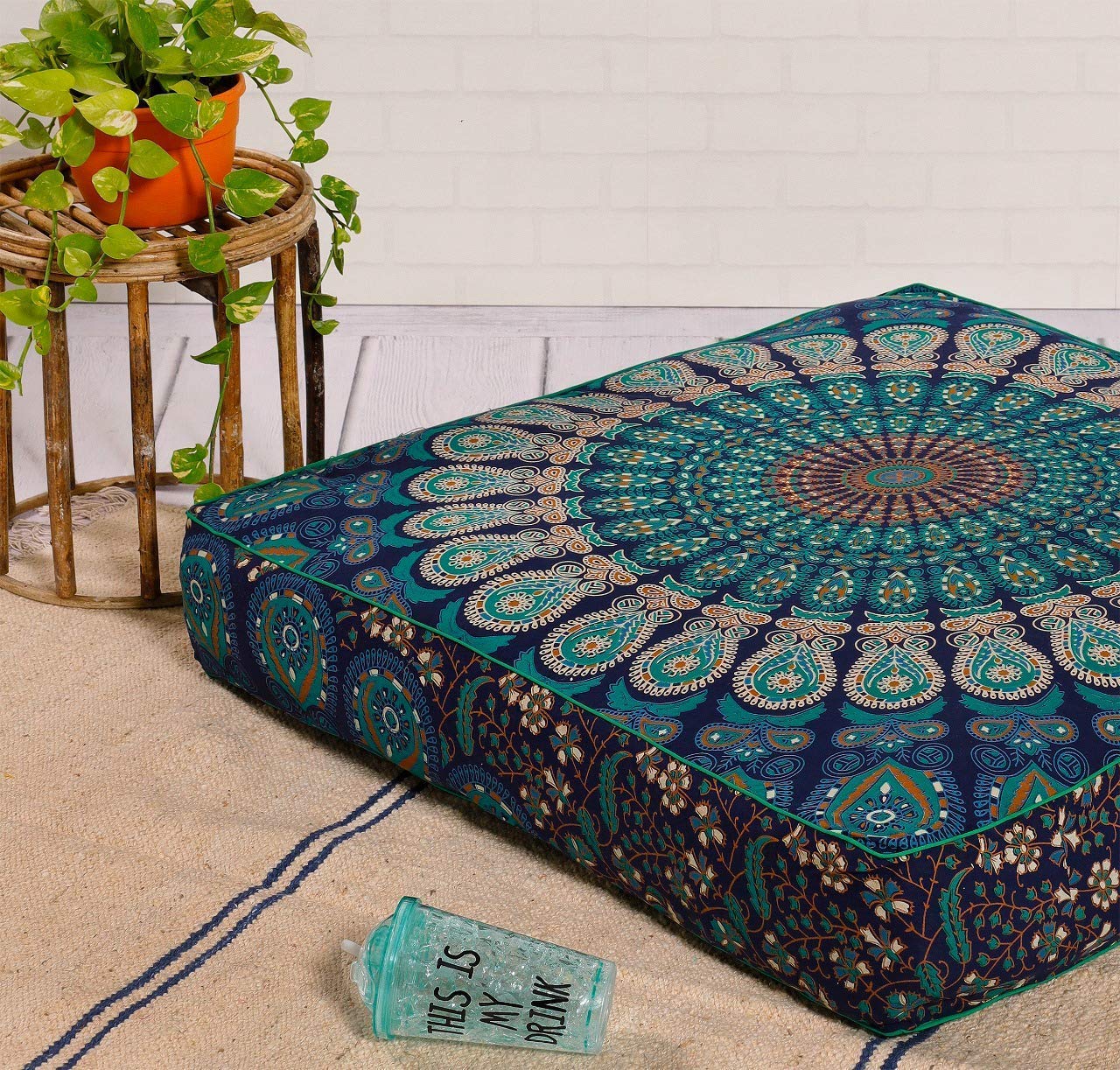 Hippie Mandala Floor Pillow Cover - Cotton Ottoman Pouf with Zipper for Home Decor & Pet Bed - 20