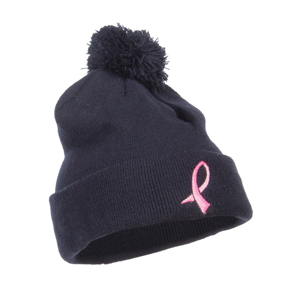 Pink Ribbon Breast Cancer Awareness Embroidered Pom Beanie - Soft Winter Hat for Women - Support Survivors & Raise Awareness - Perfect for Fundraisers, Walks, and Everyday Wear