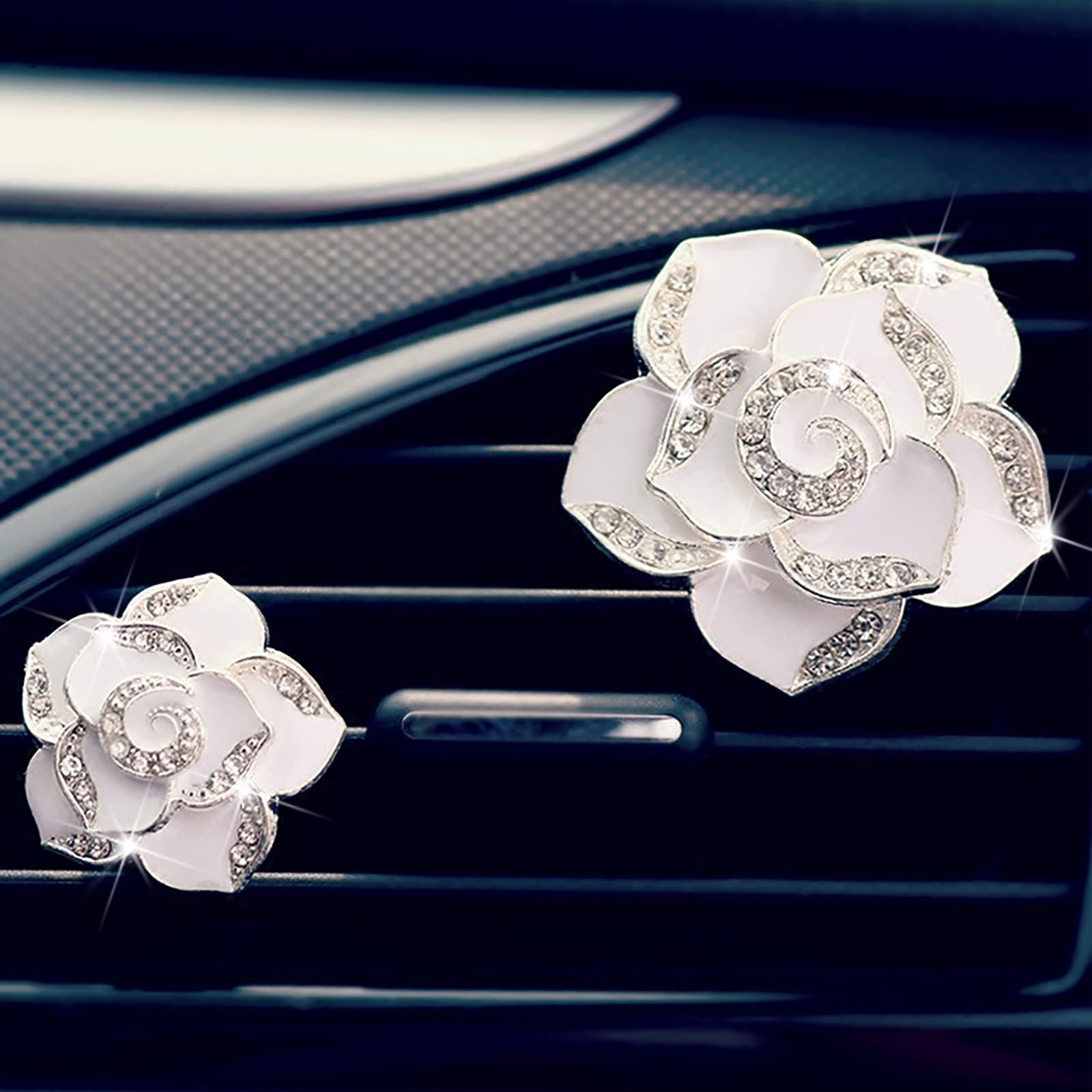 2 Pcs Camellia Air Vent Clips - Cute Flower Car Air Freshener with Bling Crystal Rose, Car Diffuser Vent Clip Charm for Women & Girls - Perfect for Car Interior Decor and Aromatherapy on the Go