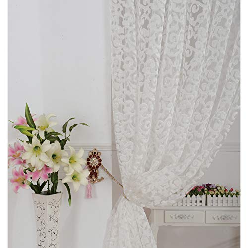 NAPEARL Elegant Jacquard Sheer Curtains 96 Inches Long - Light Filtering Voile Drapes with Pencil Pleat, Set of 2 Panels (52x96 Inch Each, White) for Living Room, Bedroom & Office Windows
