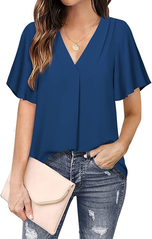 Elegant Women's V-Neck Chiffon Blouse with Ruffle Sleeves - Dressy Casual Tops for Work & Evening Outfits | Flowy Shirt for Office, Date Night & Special Occasions