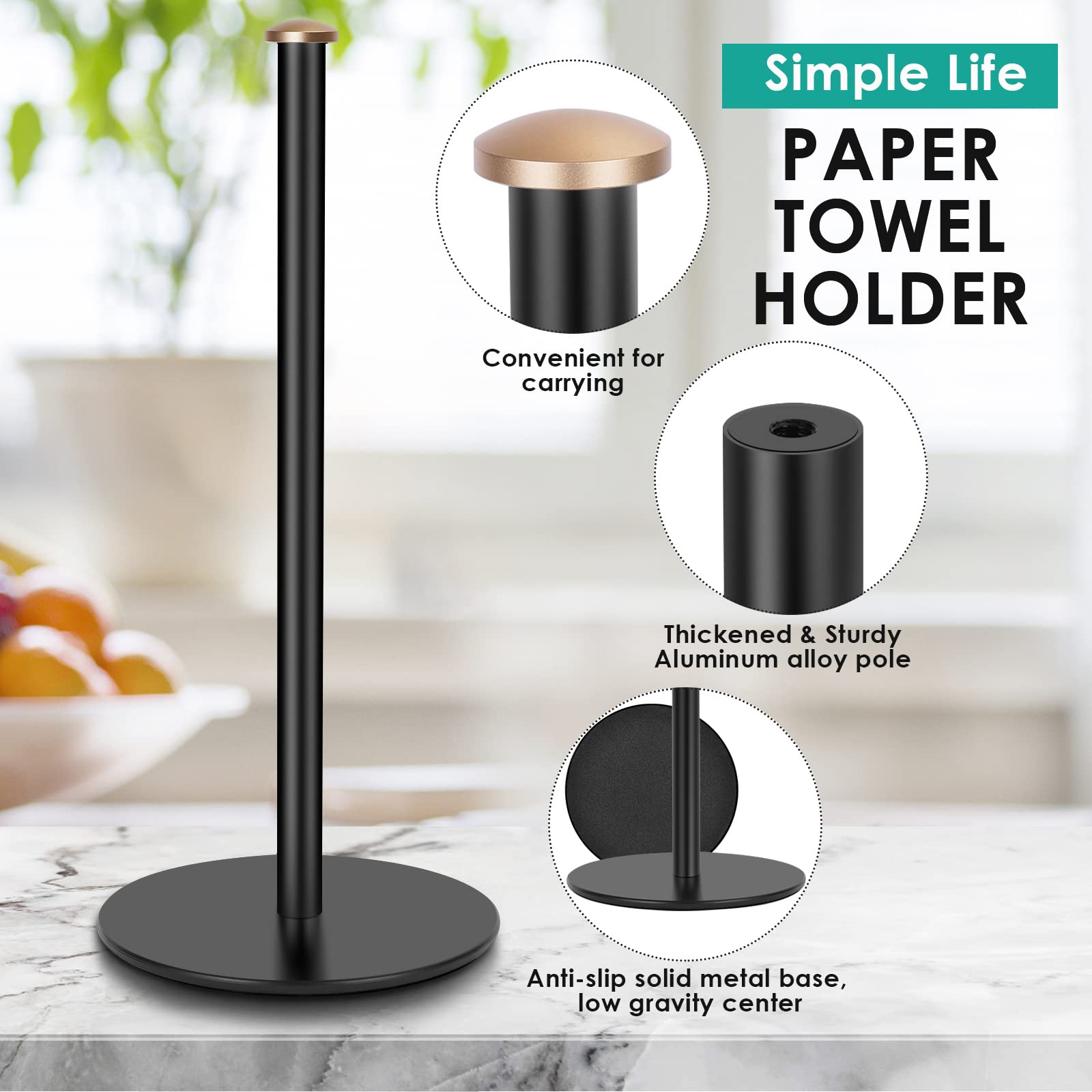 Adjustable Paper Towel Holder Stand for Countertop - Matte Black Kitchen & Bathroom Paper Towel Dispenser - Holds 3 Rolls - New Home Essentials for Kitchen, Bathroom & Office Use