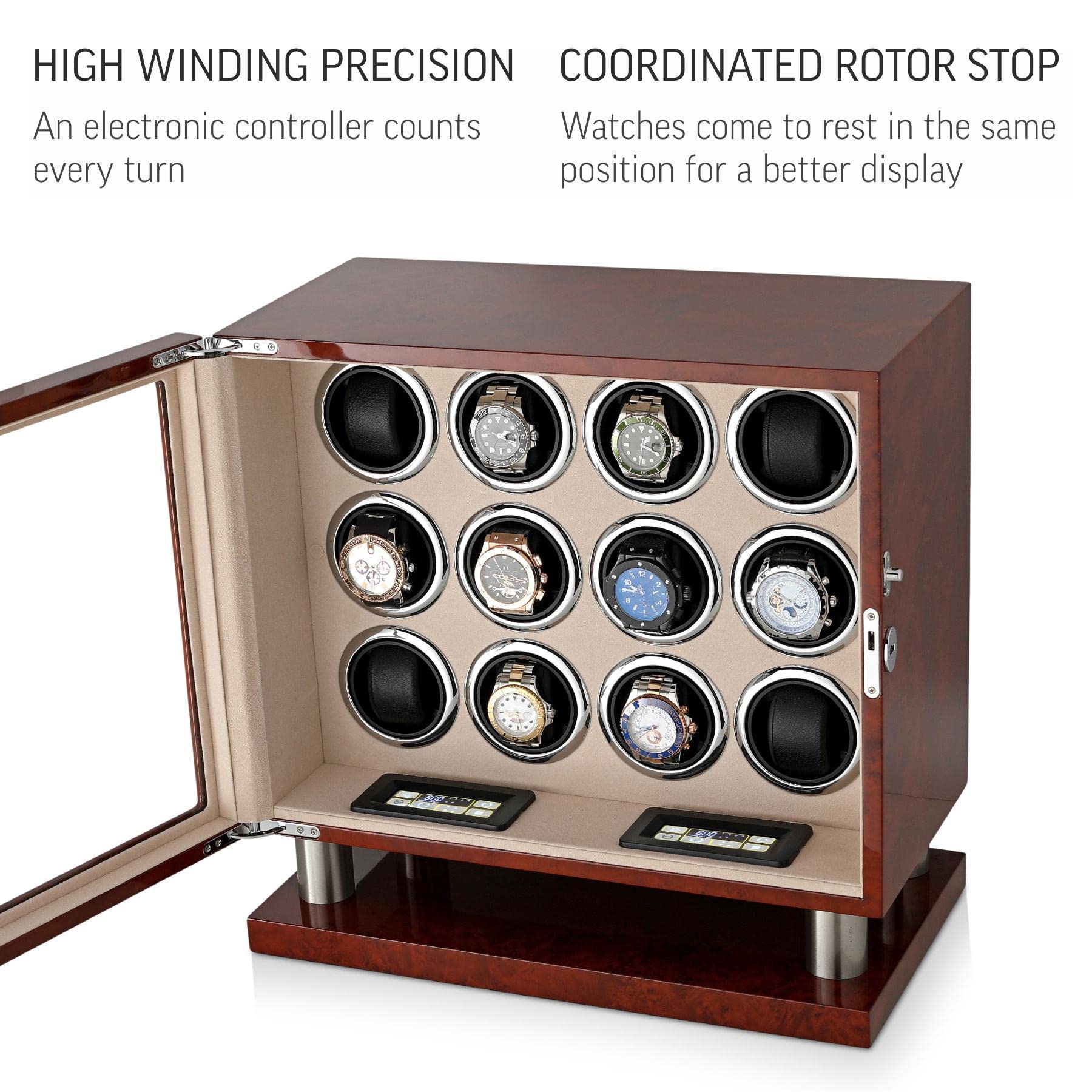 12 Watch Winder for Automatic Watches with LED Light & LCD Touchscreen Control - Perfect for Watch Collectors, Display Cases & Luxury Watch Storage