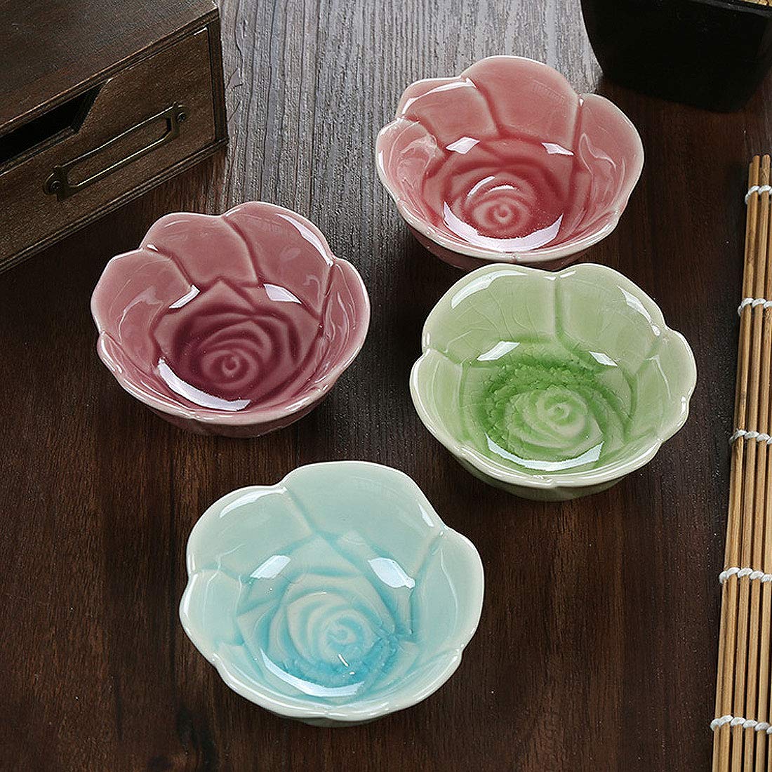 VanEnjoy 4-Piece Colorful Glazed Ceramic Soy Sauce Bowls - Floral Pattern Appetizer Plates, Condiment Dishes for Sushi, Dumplings & Asian Cuisine - Perfect for Restaurants, Home Dining & Party Serving