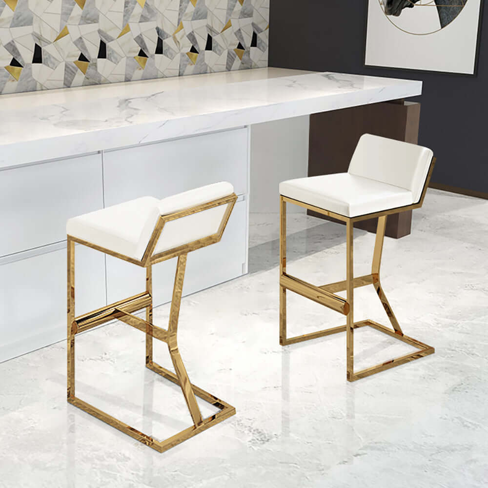 White PU Leather Bar Stool with Gold Legs & Footrest - Modern Counter Height Stool for Kitchen Island, Breakfast Bar & Home Decor
