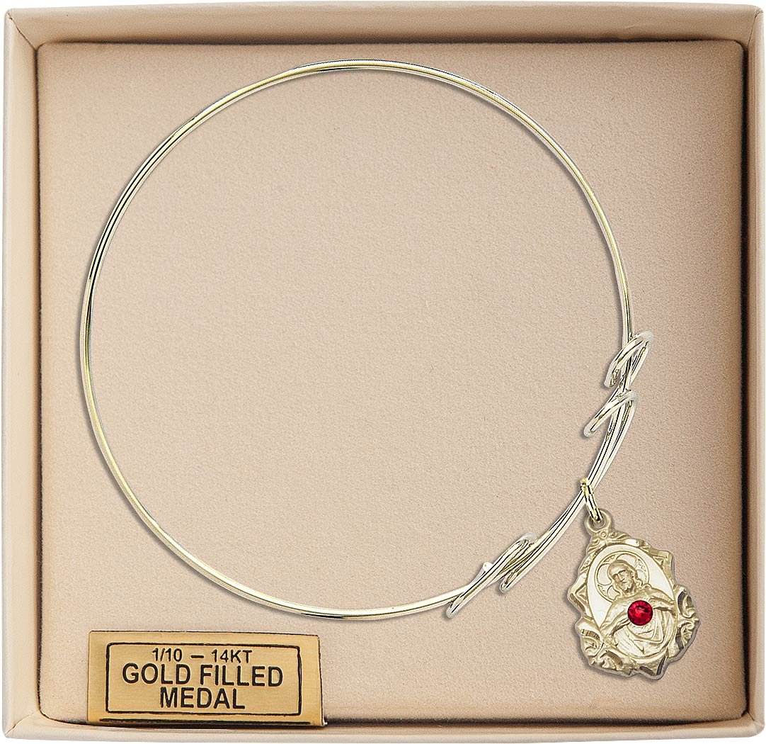 8 Inch Round Double Loop Bangle Bracelet with Scapular Medal Charm & July Red Crystal - Elegant Jewelry for Women, Perfect for Gifts, Parties, and Everyday Wear