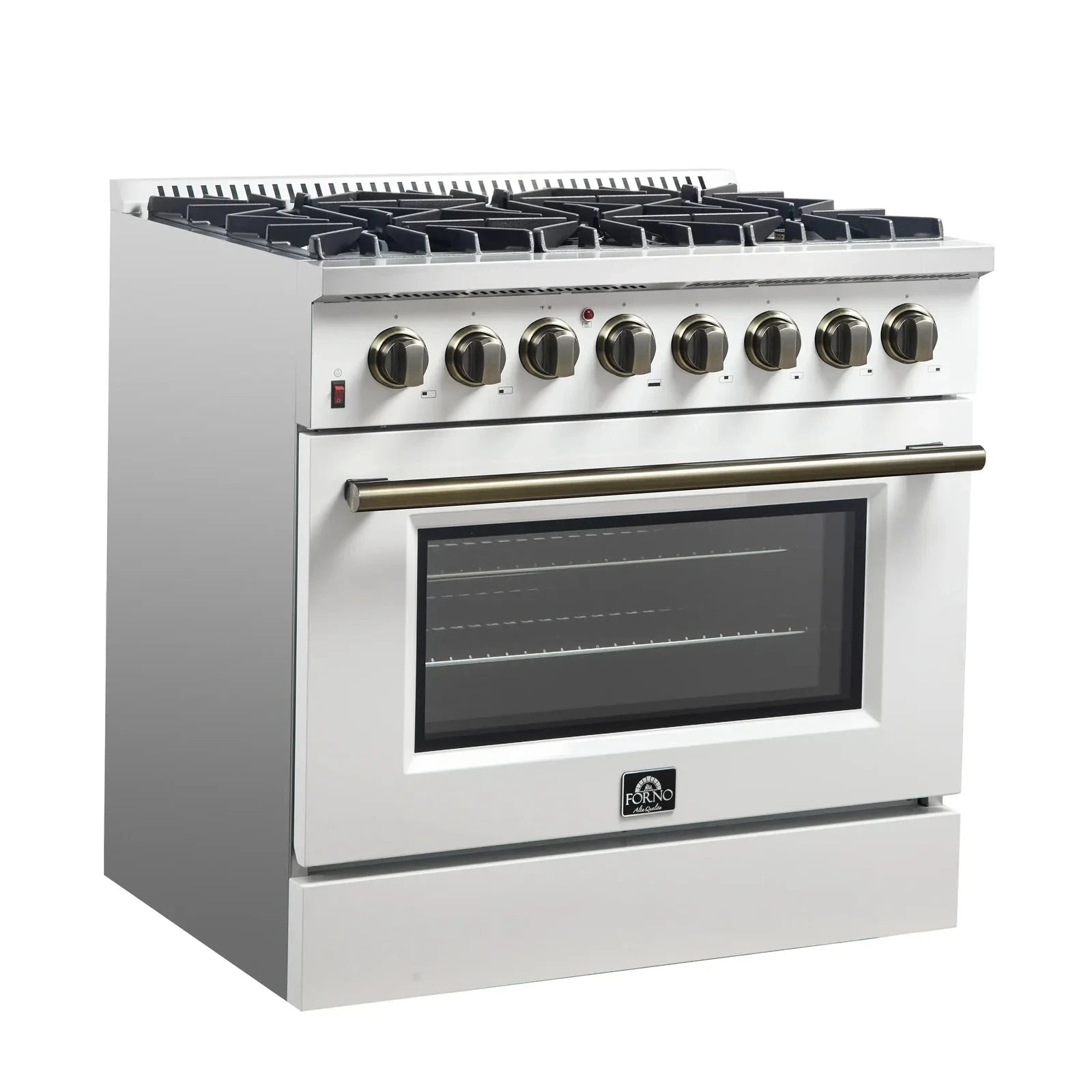 Forno Galiano 36-Inch Freestanding Dual Fuel Range - Gas Stove & Electric Oven in White with Antique Brass Trim (Model FFSGS6156 36WHT) | Professional Kitchen Appliance for Home Chefs & Cooking Enthusiasts
