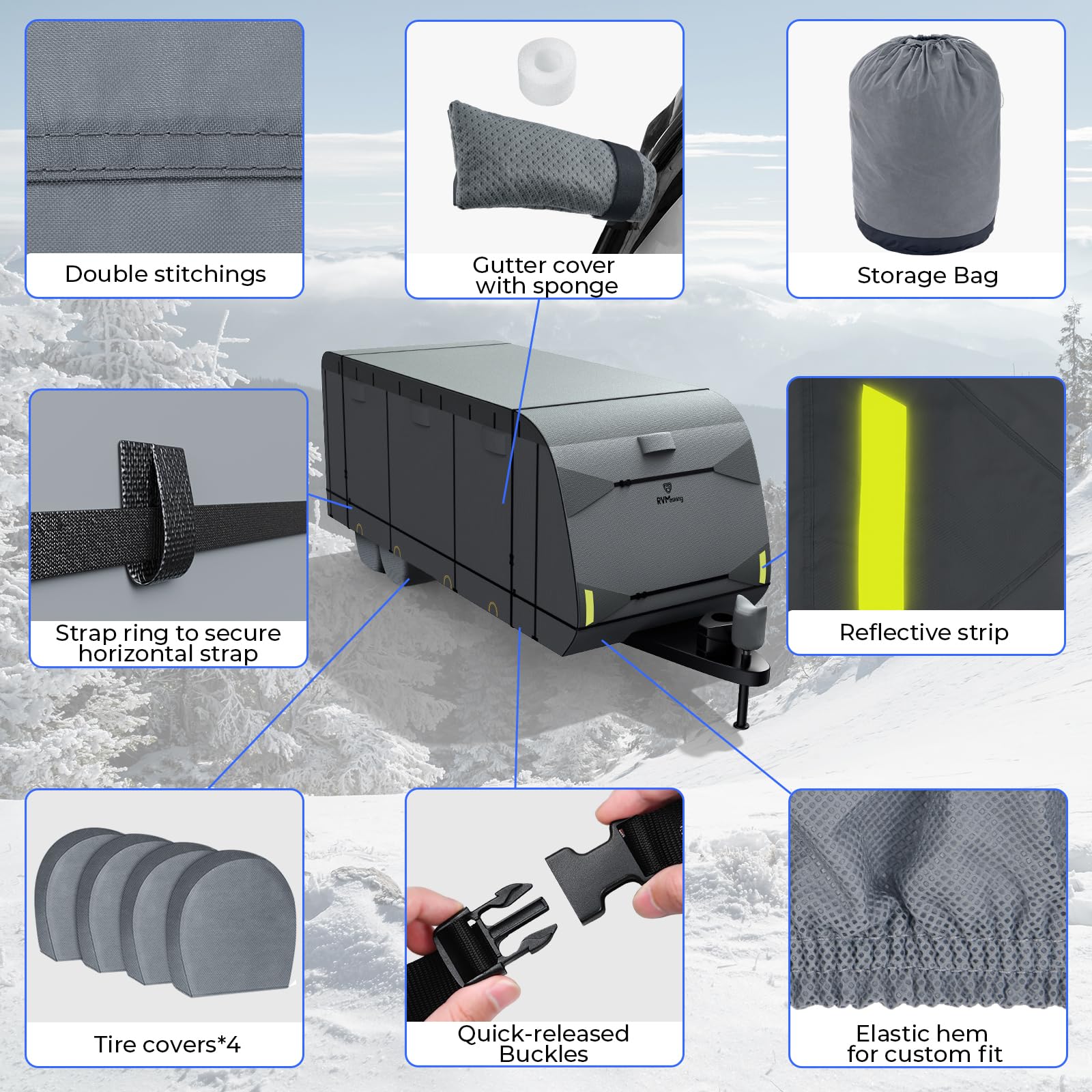 Heavy Duty 7-Layer RV Travel Trailer Cover with 4 Tire Covers for 34'1