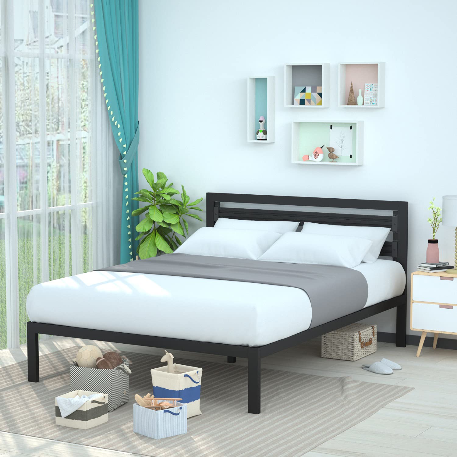 Amazon Basics Metal Bed Frame with Modern Industrial Design Headboard - 14 Inch Height for Under-Bed Storage - Wood Slats Support - Easy Assembly Queen Size Bed in Black - Perfect for Small Apartments, Dorm Rooms & Guest Bedrooms
