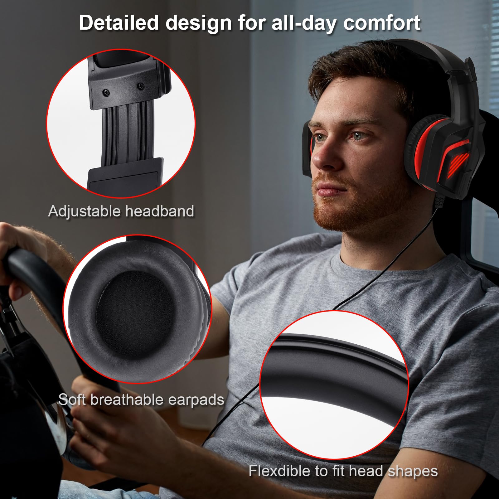 Stereo Wired Gaming Headset with Mic for PS4, PS5, Xbox One, PC, Laptop & Tablet - Over-Ear 3.5mm Headphones with Bass Surround & Soft Memory Earmuffs (Red & Black) - Perfect for Gaming, Streaming & Online Meetings