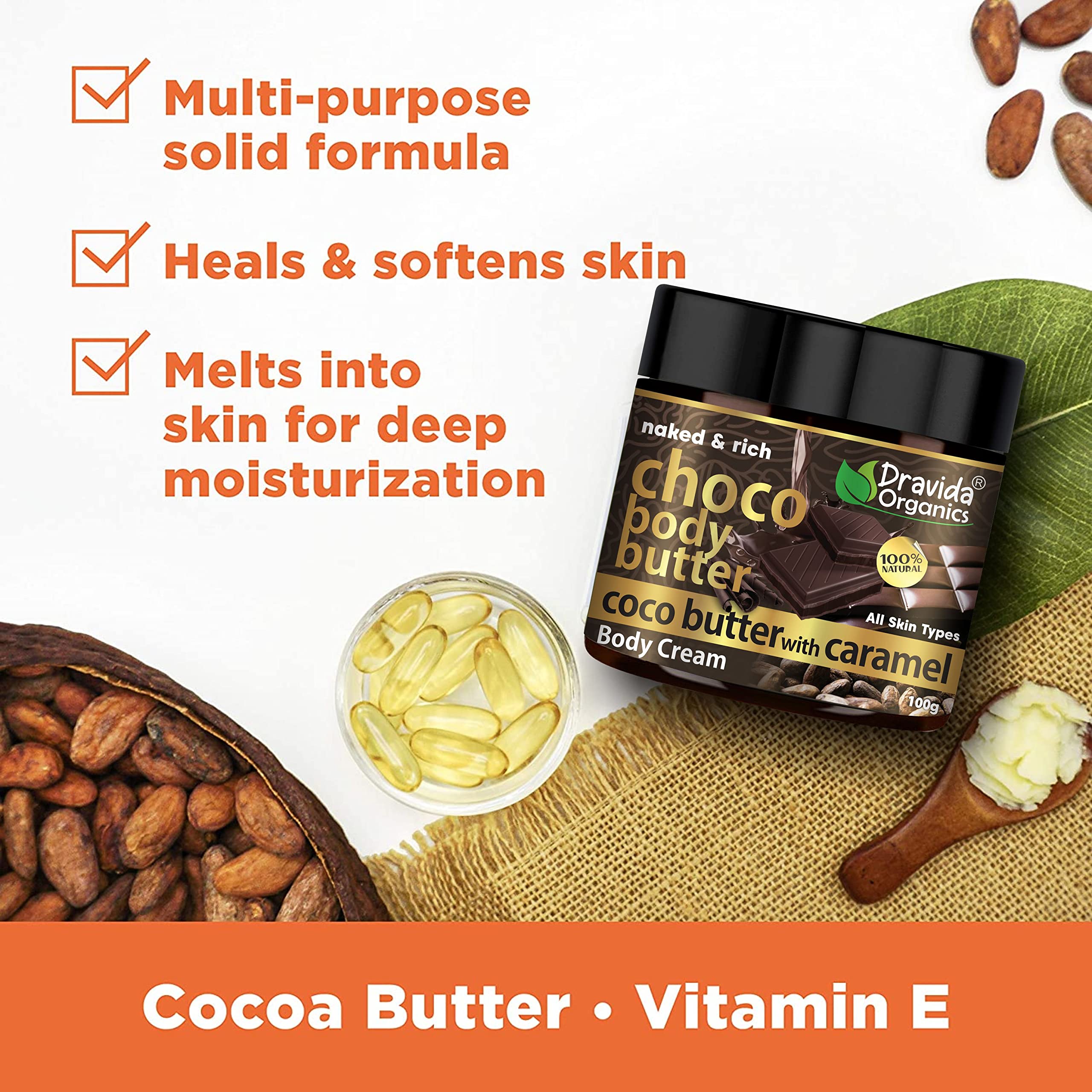 Dravida Organics Naked & Rich Choco Body Butter with Cocoa Butter & Caramel | Deep Moisturizing Cream for Dry Skin | All Skin Types | Paraben-Free, Mineral Oil-Free | 100g | Perfect for Daily Hydration & Spa Nights