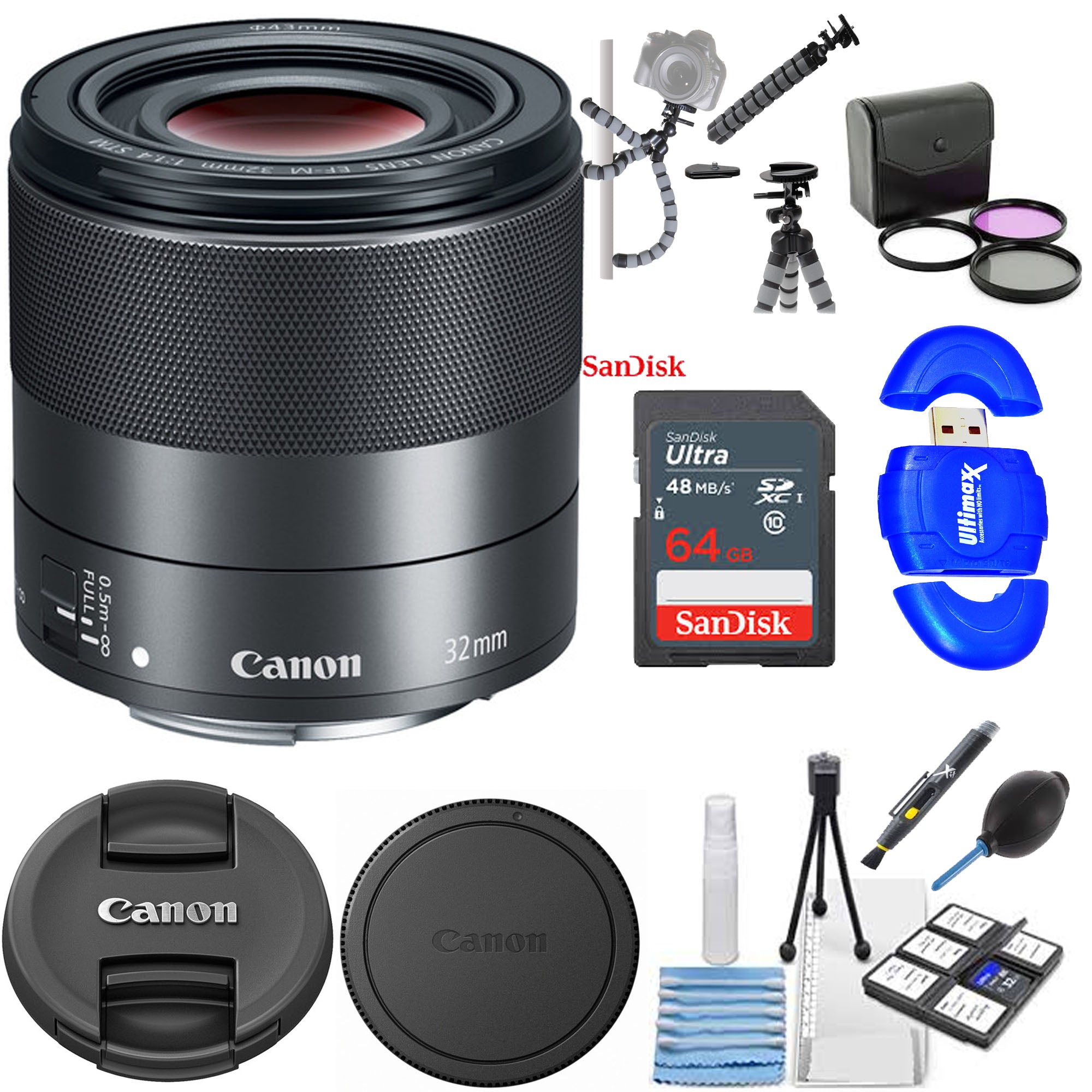 Canon EF-M 32mm f/1.4 STM Lens with 64GB Memory Card - Fast Prime Lens for Canon Mirrorless Cameras - Perfect for Portrait, Street & Low Light Photography