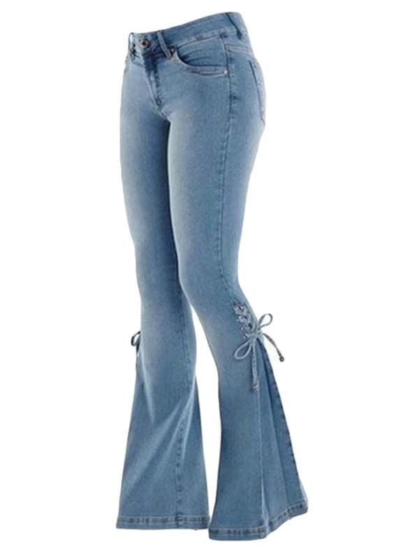 Andongnywell Women's Lace-Up Flare Bell Bottom Jeans - Mid Waist Wide Leg Bootcut Denim Pants with Pockets | Casual Wear, Retro Style, 70s Fashion Outfit