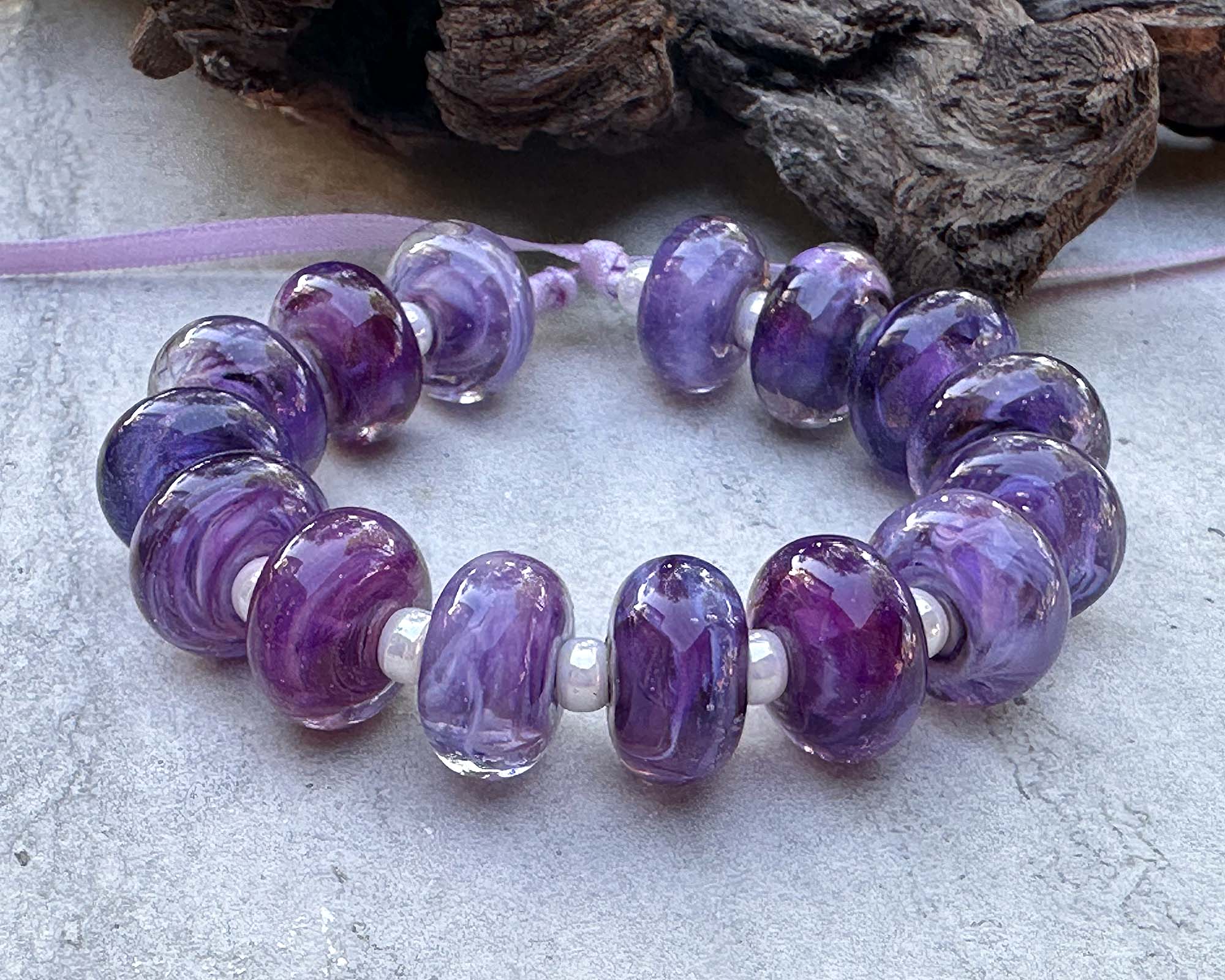 15-Piece Purple Swirl Lampwork Glass Beads Set for Jewelry Making - DIY Necklace, Bracelet & Earring Craft Supplies - Perfect for Beaders & Artisans