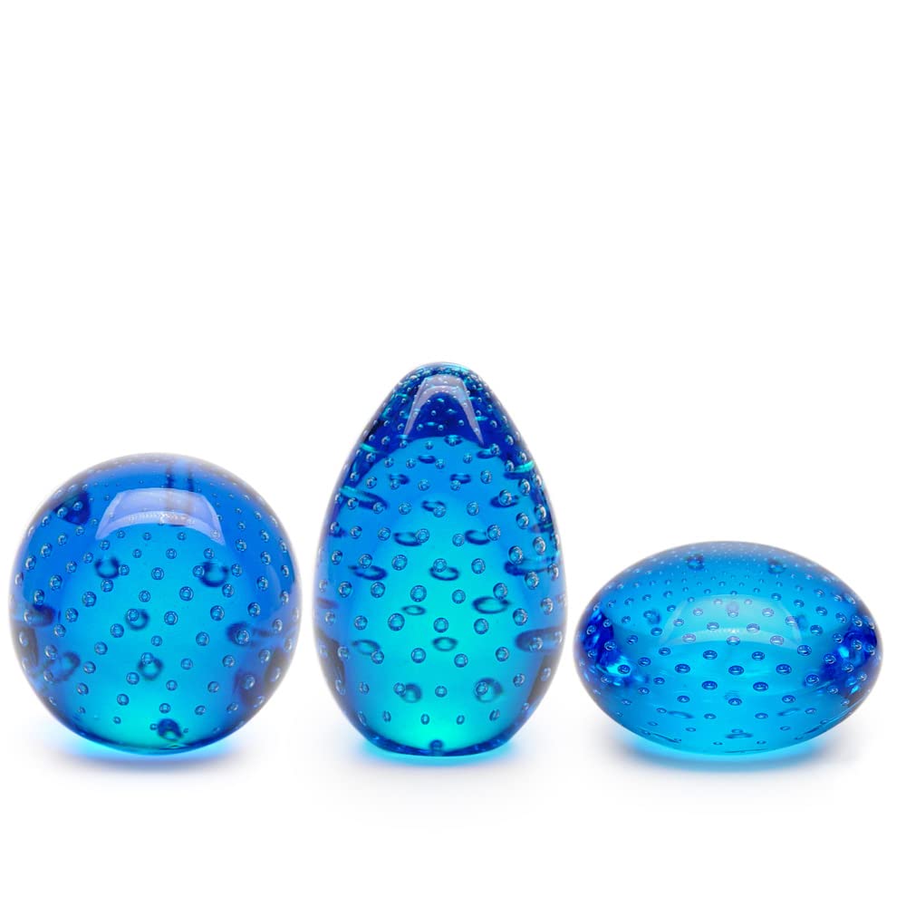 Cá d'Oro Set of 3 Small Glass Paperweights - Hand Blown Murano-Style Art Glass with Blue Bubbles (Flat, Ball, Egg Shapes) - Perfect for Home Office Decor, Gift Ideas & Collectibles