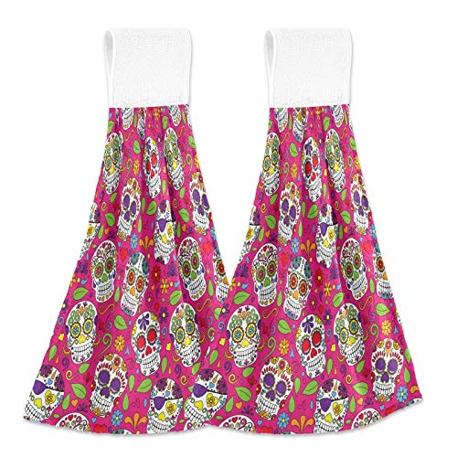 Halloween Sugar Skulls Hanging Kitchen Towels - 2PCS Pink Day of The Dead Hand Towels with Loops | Super Absorbent & Soft 12x17 Inch Dish Towels for Kitchen, Bathroom & Oven | Perfect for Halloween Decor & Dia de Los Muertos Celebrations