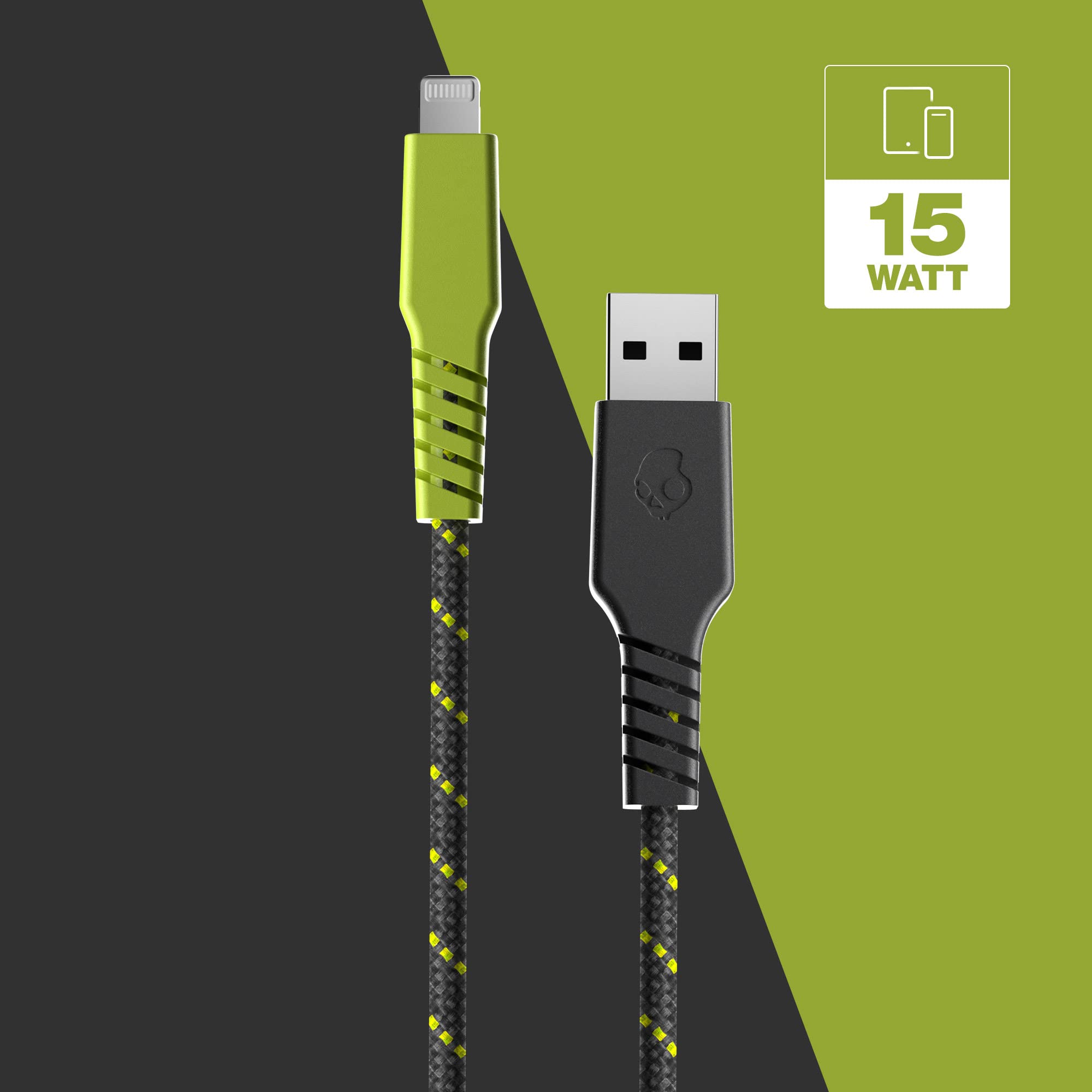 Skullcandy Line+ Braided Lightning Cable - 15W Fast Charging USB A to Lightning Cable for iPhone 14/13/12/11/Pro/Max/X/8/7/6, 6ft Durable Sync & Charger Cord in Grey/Yellow - Perfect for Home, Office & Travel Use
