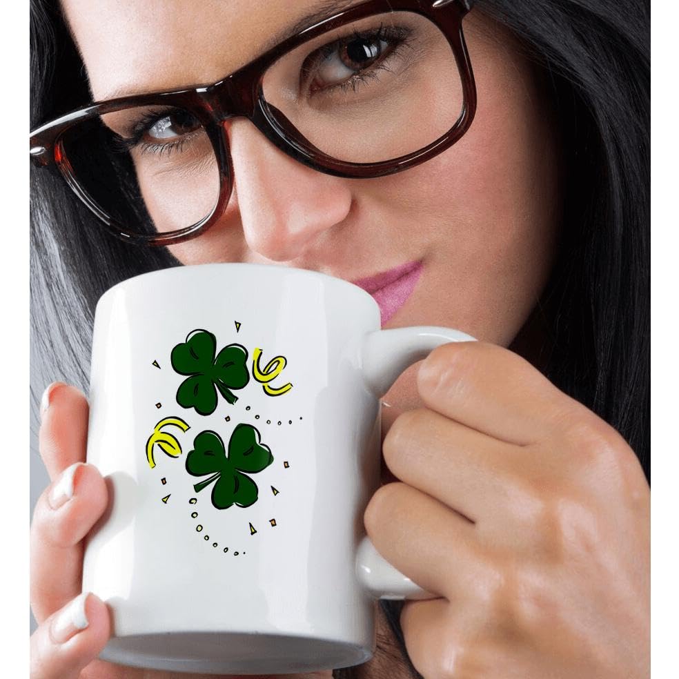 3D Rose Two Clovers with Streamers St Patrick's Day Ceramic Mug - 11 oz White Coffee Cup for Irish Themed Parties, Office Use & Holiday Gifts