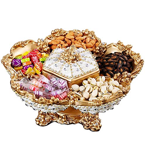Premium Handmade Rhinestone Ceramic Fruit Plate - Luxury European Style Dried Fruit & Snack Tray with 5 Compartments, Elegant Home Decor for Dining Table, Coffee Table & Party Serving