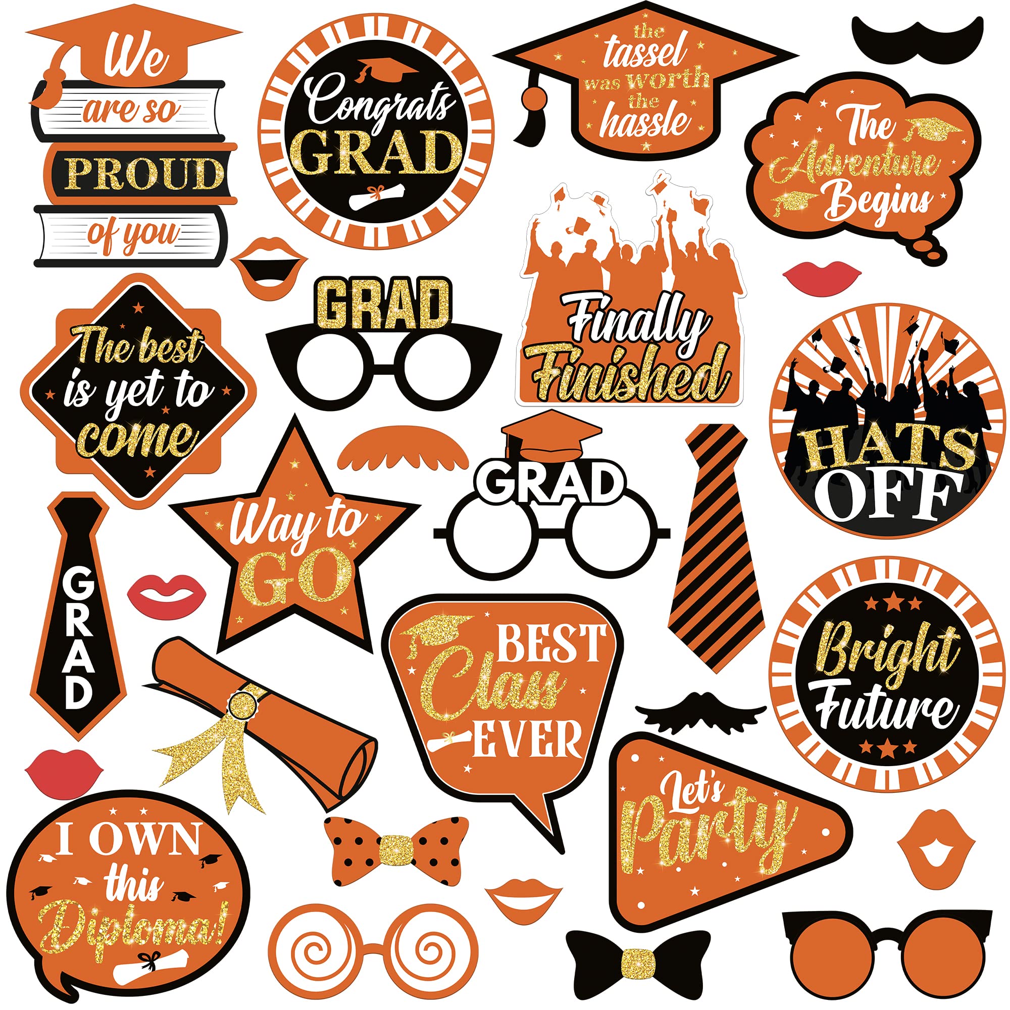 KatchOn 2025 Graduation Photo Booth Props - 30-Pack Glitter Orange & Black Decorations for Class of 2025 | Perfect for Graduation Parties, Photo Backdrops & School Events