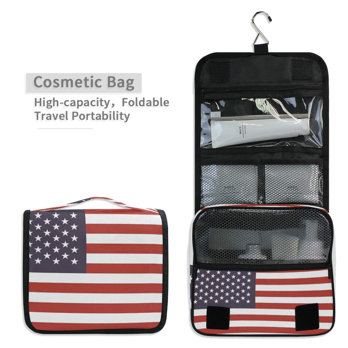 MOYYO American Flag Travel Hanging Toiletry Bag - Large Capacity Waterproof Cosmetic Organizer Pouch for Women, Men & Girls | Perfect for Camping, Gym, Business Trips & Vacation Essentials