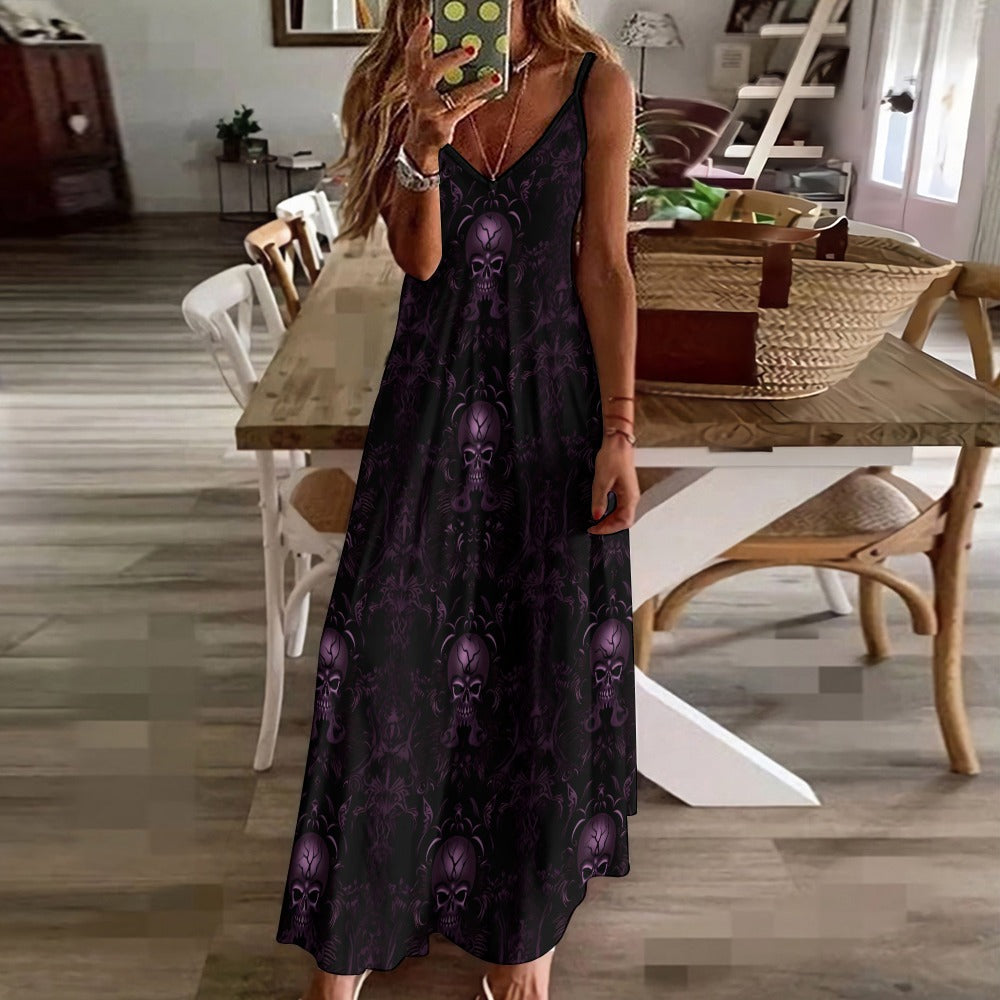 Gothic Skull Print Long Sleeve Ankle Dress - Elegant Purple Sling Neckline for Women | Perfect for Halloween, Cosplay, Gothic Parties and Dark Fashion Events