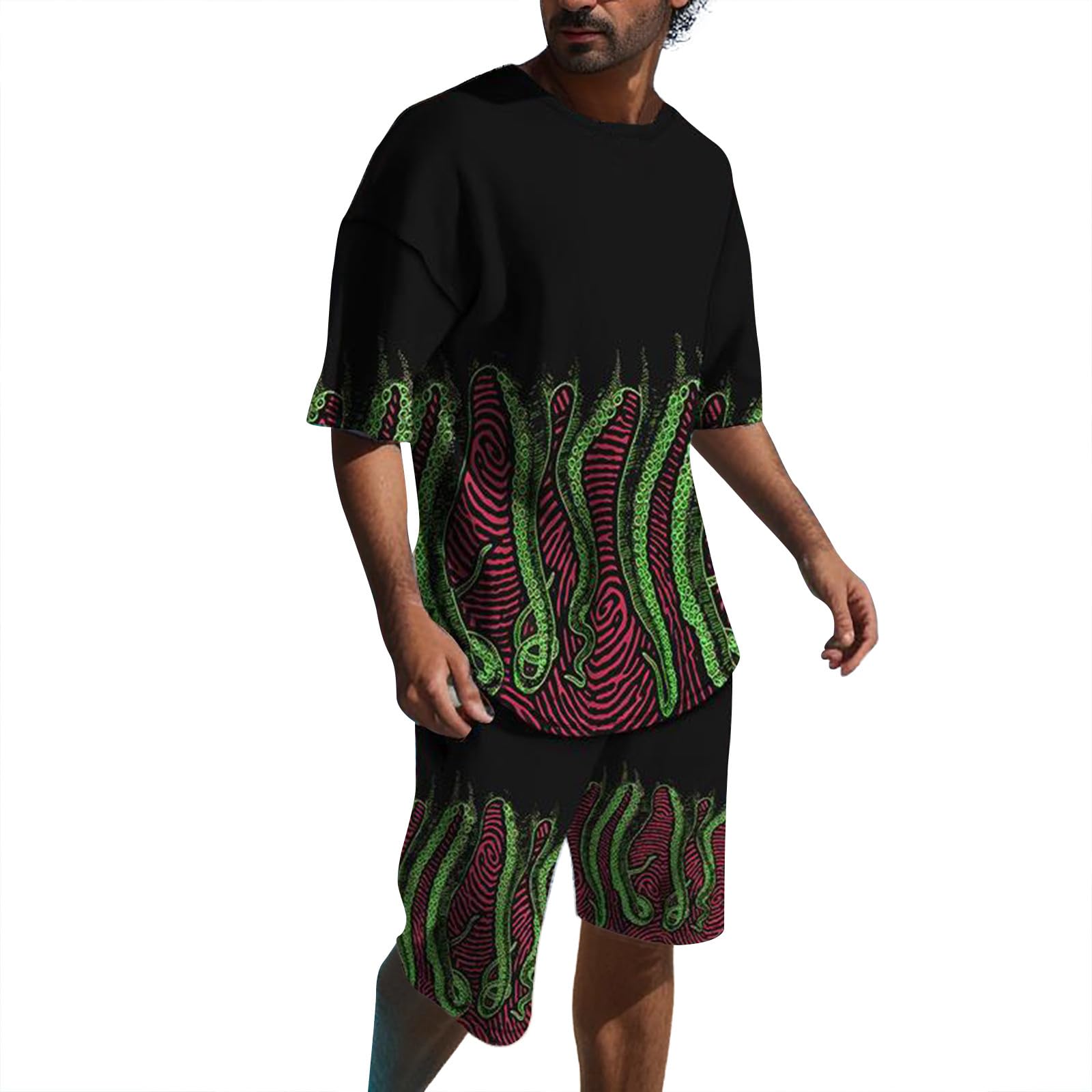 TUQIDEWU Men's 2-Piece Tracksuit Set - Stylish Casual Gym Outfit with Printed Tee & Shorts | Korean Fashion Activewear for Running, Workouts & Streetwear