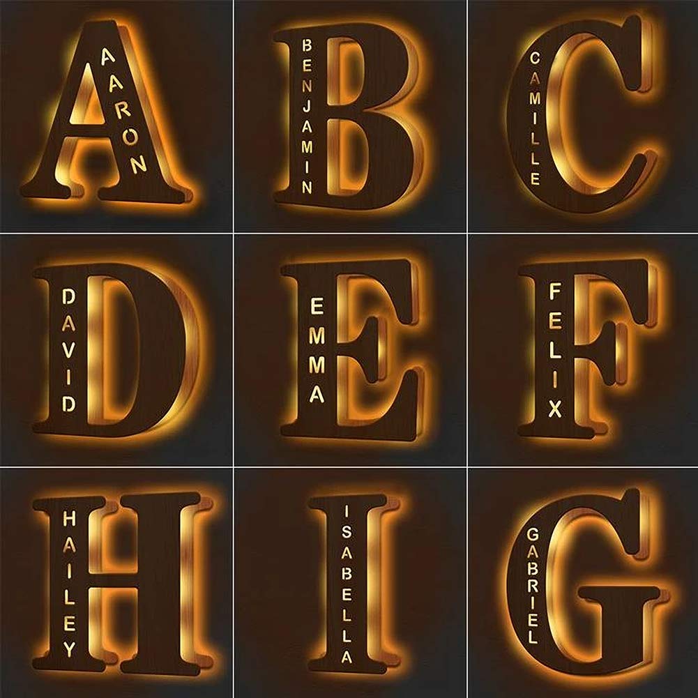 VEELU Custom LED Marquee Letter Night Light - Personalized Wooden Engraved Name Wall Light for Bedroom, Nursery, Wedding, Christmas Decor - Perfect Gift for Family, Friends & Lovers - Romantic Home Ambiance & Holiday Decoration Lighting