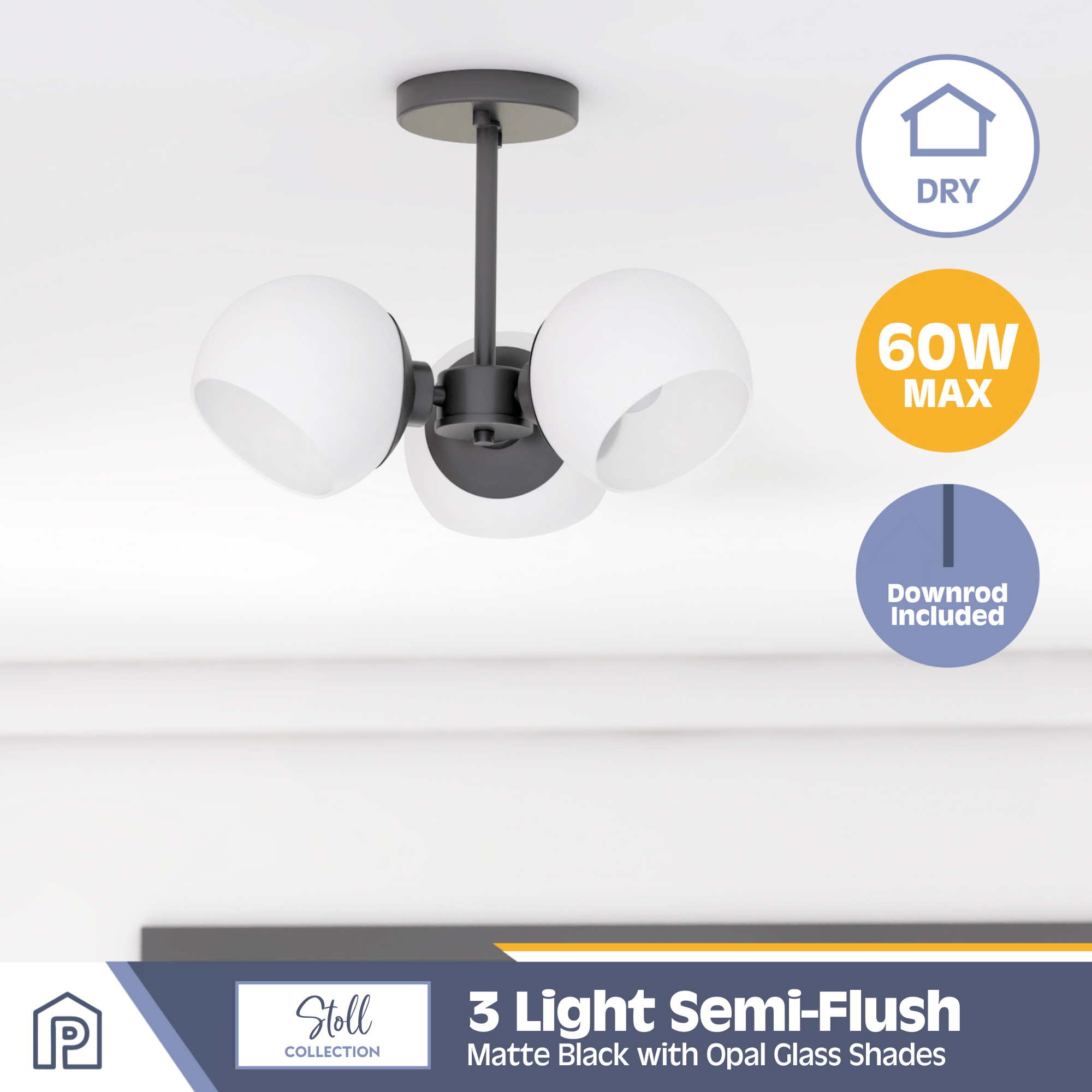 3-Light Stoll Semi Flush Mount Ceiling Light Fixture - Matte Black Finish with Opal Glass Shades - Perfect for Bedroom, Dining Room or Hallway Lighting