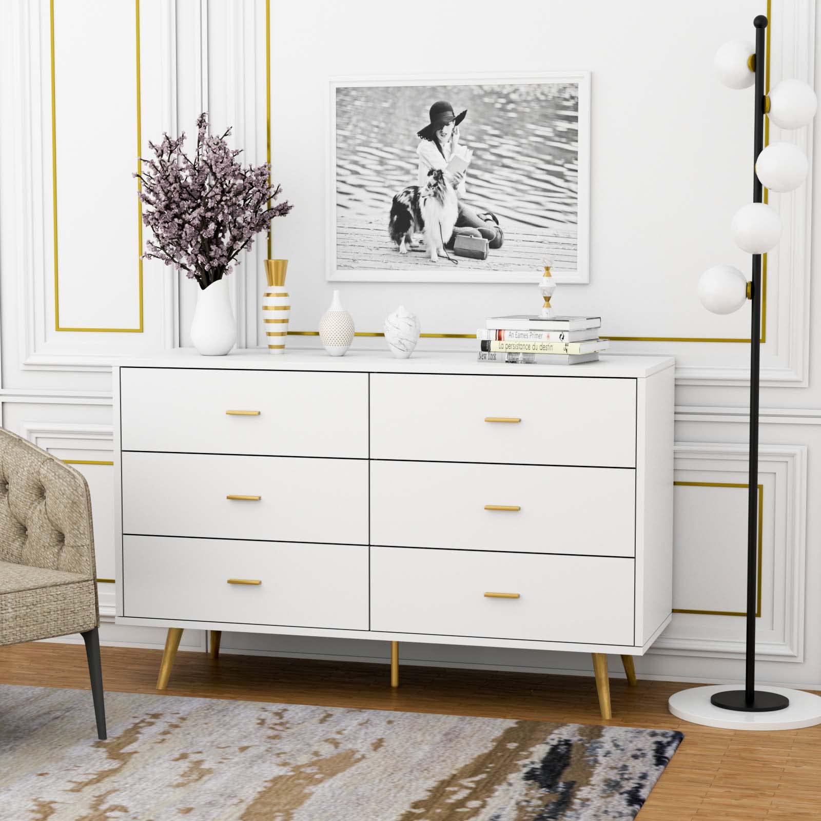 JOZZBY White 6-Drawer Dresser for Bedroom - Modern Wood Storage Chest with Wide Drawers & Metal Handles - Perfect for Bedroom, Living Room, Hallway & Entryway Organization