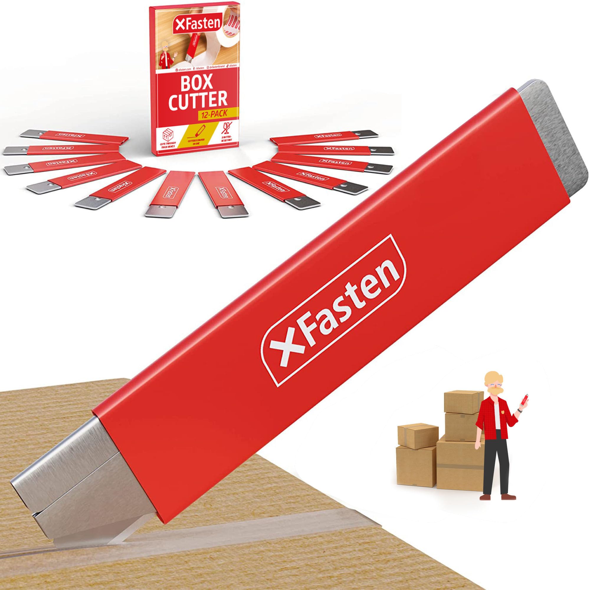 XFasten 12-Pack Retractable Box Cutters with Safety Scraper - Bulk Cardboard & Carton Mini Cutter Blades | Pocket-Sized, Wiggling-Proof Box Opener for Cutting, Scraping | Perfect for Warehouse, Shipping, Moving & Home Use