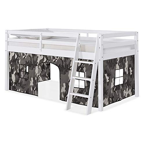 Rosebery Twin Wood Junior Loft Bed with White Finish & Gray Camo Tent - Space-Saving Kids Bedroom Furniture for Small Rooms & Play Areas