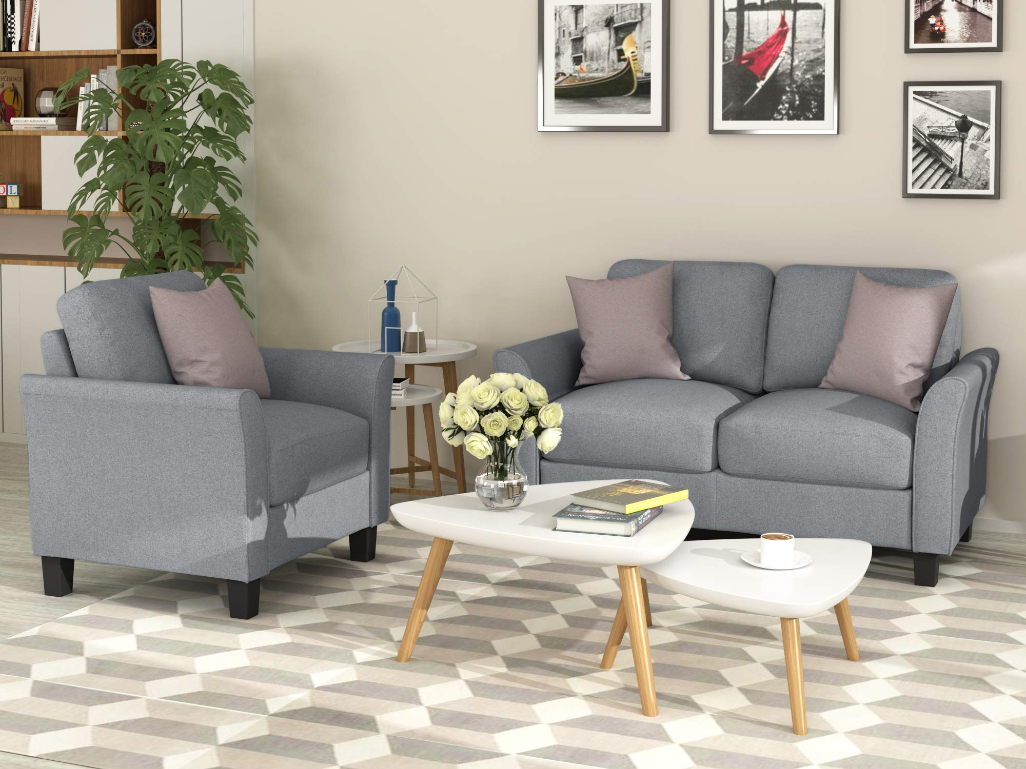 Danxee 2-Piece Gray Sectional Sofa Set - Modern Living Room Furniture with Loveseat & Armchair, Comfortable L-Shaped Couch for Small Space, Apartment, Home Theater and Family Room Decor