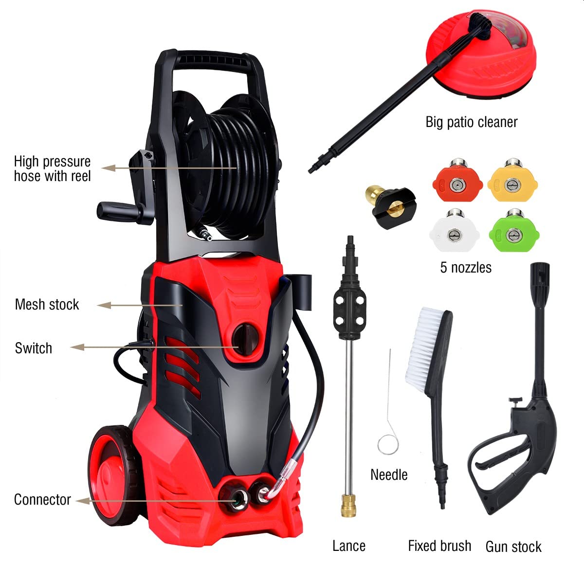 Happytools 3000 PSI Electric Pressure Washer - 2 GPM Portable High-Pressure Power Washer with 5 Quick Connect Nozzles, Hose Reel, Spray Gun & Patio Cleaner - Ideal for Driveway, Deck, Fence & Outdoor Cleaning (Red)