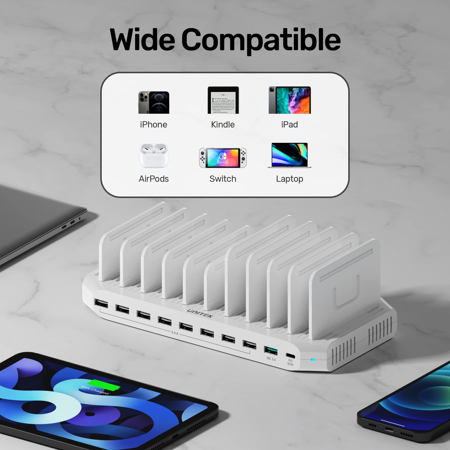 Unitek 160W 10-Port USB Fast Charging Station with 11 Adjustable Dividers - Perfect for Home, Office & Travel Multi-Device Charging