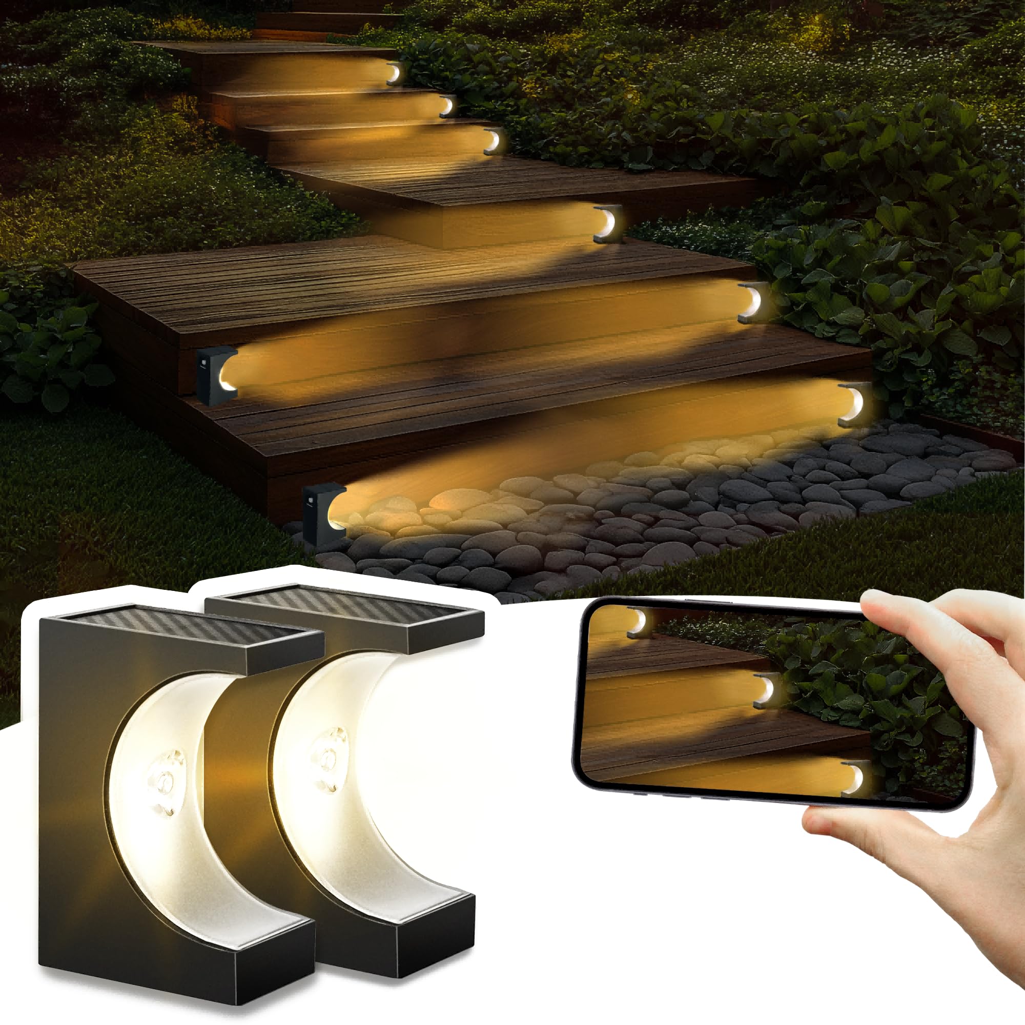 Solar Powered LED Step Lights for Outdoor Stairs - Waterproof Deck Lighting for Porch, Patio & Garden Pathways (Warm White, 2 Pack) - Perfect for Nighttime Safety and Landscape Decoration