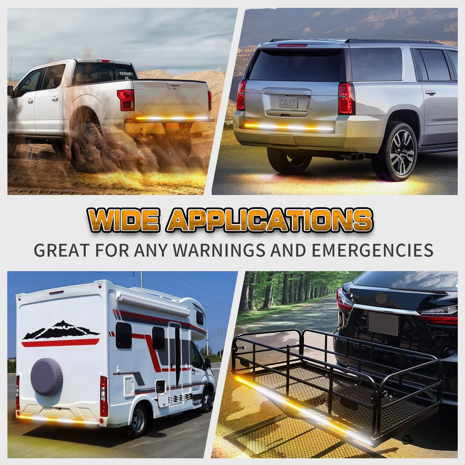 XRIDONSEN 48 Inch LED Truck Tailgate Strobe Light Bar - 288 Super Bright Amber & White Flashing Warning Lights for Emergency Safety - Heavy Duty Hazard Lights for Plow Trucks, Construction Vehicles, Pickup Trailers & Work Trucks - Ideal for Night Work, Roadside Assistance & Off-Road Adventures