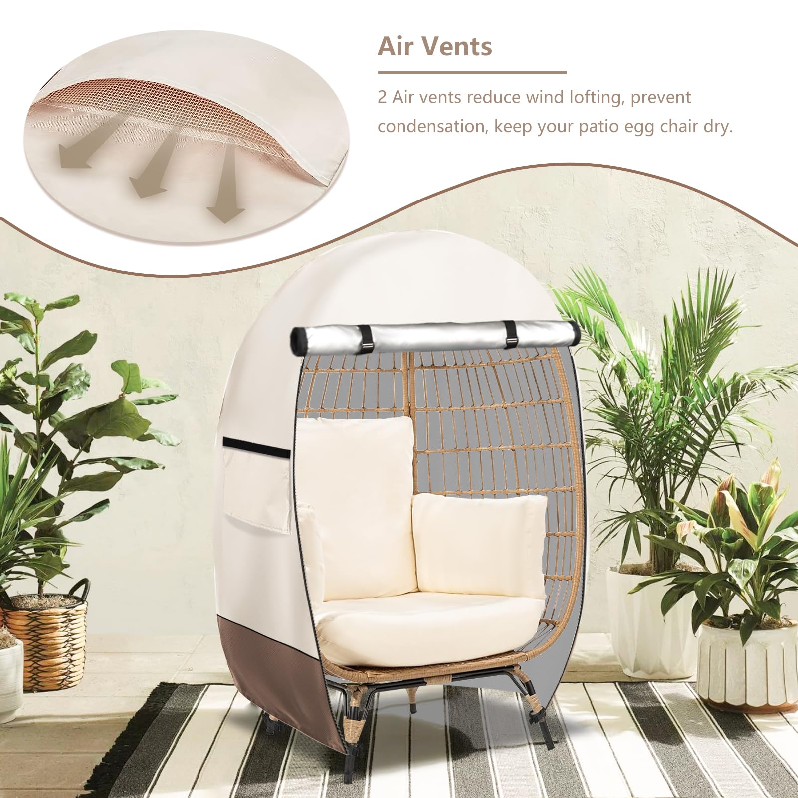 Waterproof Egg Chair Cover with Zipper - Outdoor Wicker Patio Basket Chair Protector (Beige & Brown, Fits 45.3