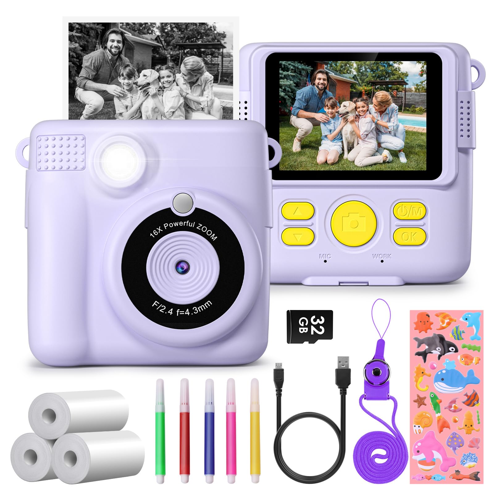 Kids Instant Print Camera - HD Selfie Digital Video Camera for Boys & Girls Ages 3-12 | Portable Travel Toy for Toddlers | Perfect Christmas & Birthday Gift for 3-10 Year Olds | Great for Travel, Parties & Everyday Fun