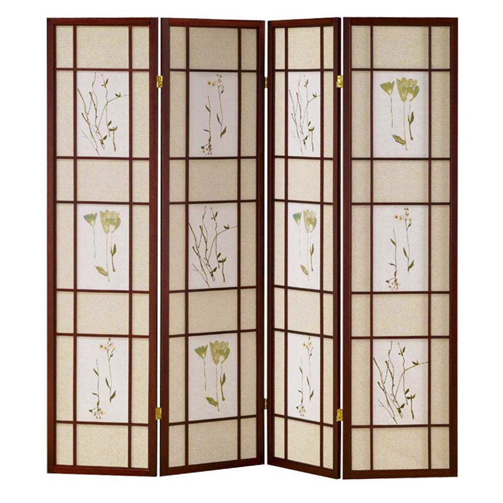 Japanese Shoji Floral Print Room Divider - 4 Panel Cherry Wood Folding Screen for Home Decor, Bedroom Partition & Zen Meditation Space